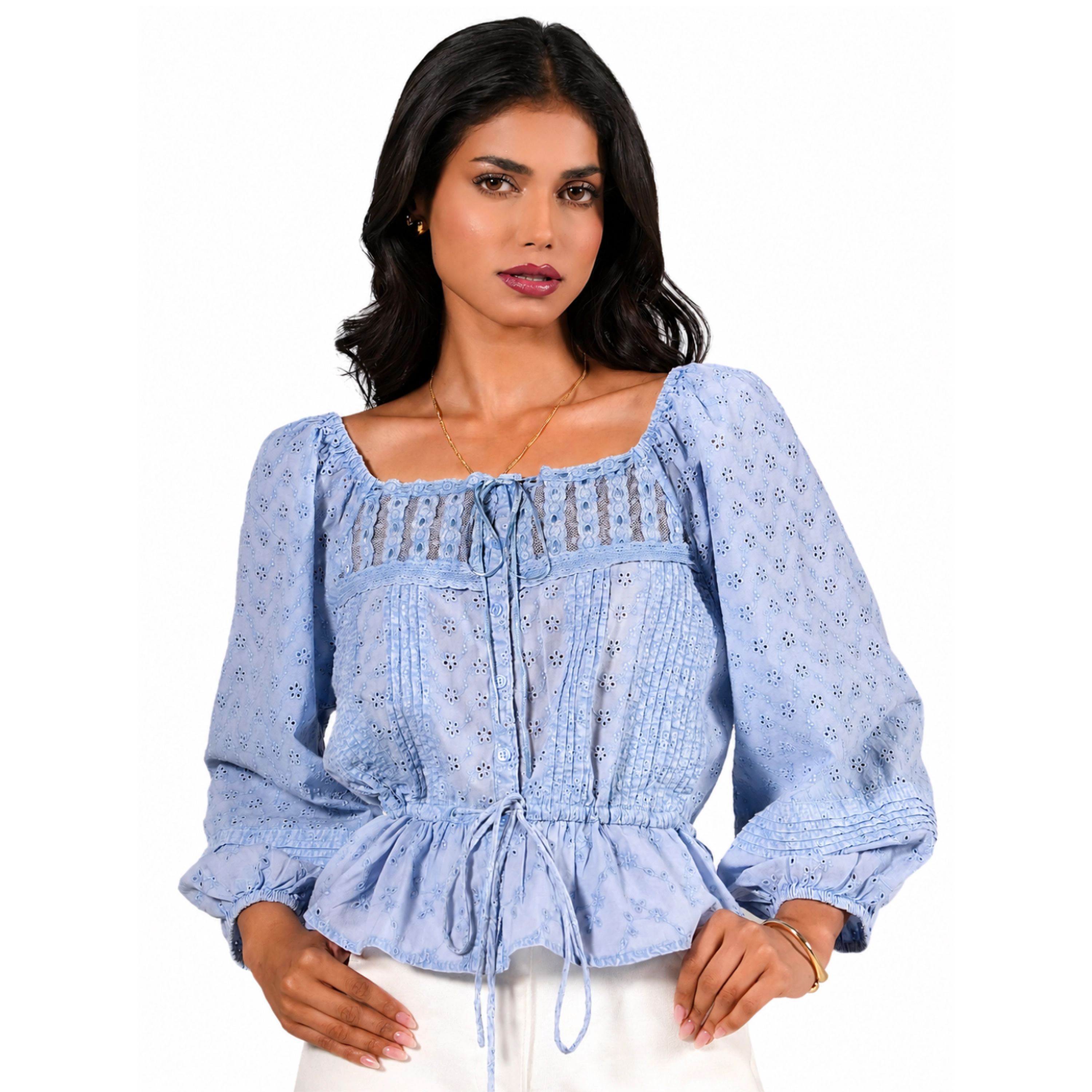 Rose & Nancy Women's Dee Blue Washed Embroidery Cotton Top