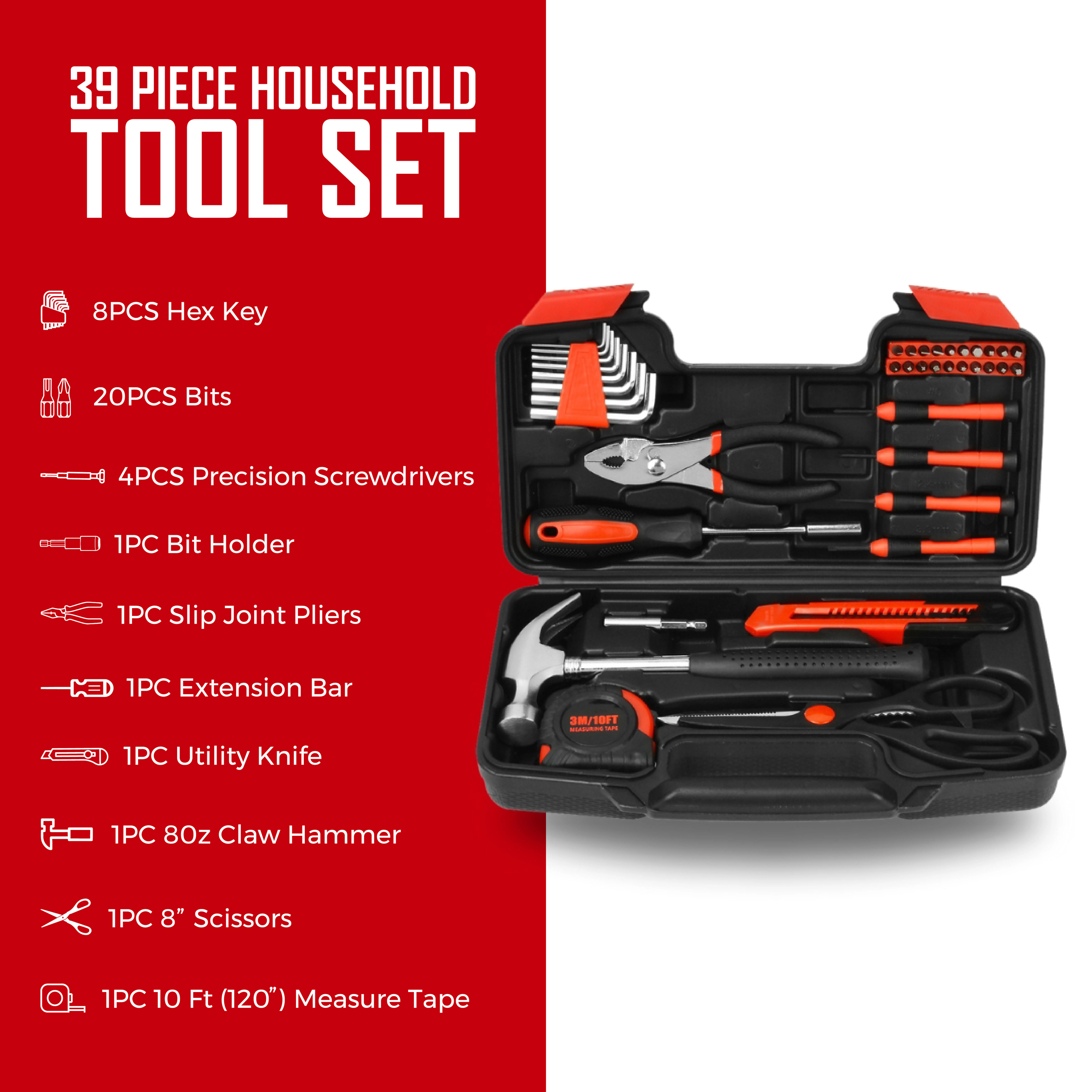 Pursonic Unisex 39-Piece Household DIY Tool Kit with Screwdrivers, Hammer, Tape Measure & Storage Case