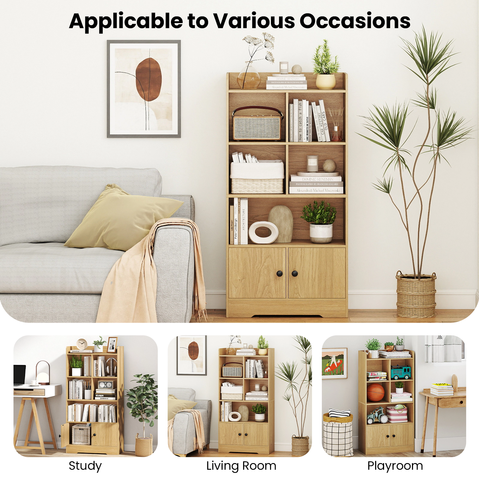 SUGIFT 4-Tier Engineered Wood Bookshelf with 4 Cubes and 2 Doors 44-lb Top Capacity White
