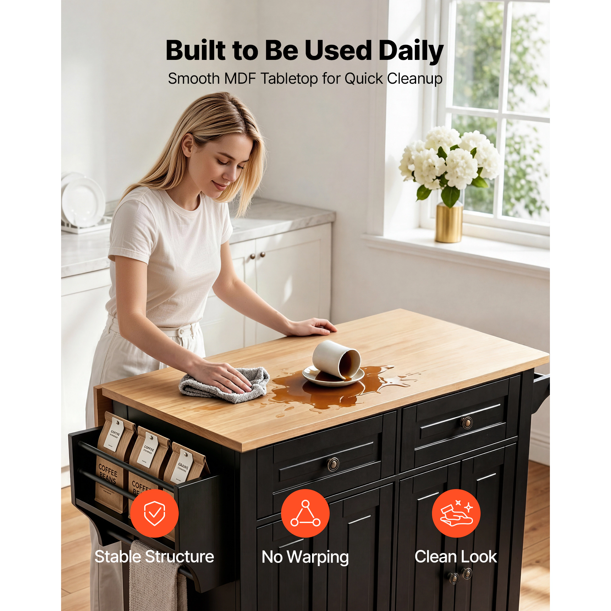 HONGGE Kitchen Island Cart with Storage 43.58 Wide Mobile Rolling on Swivel Wheels 2 Drawers