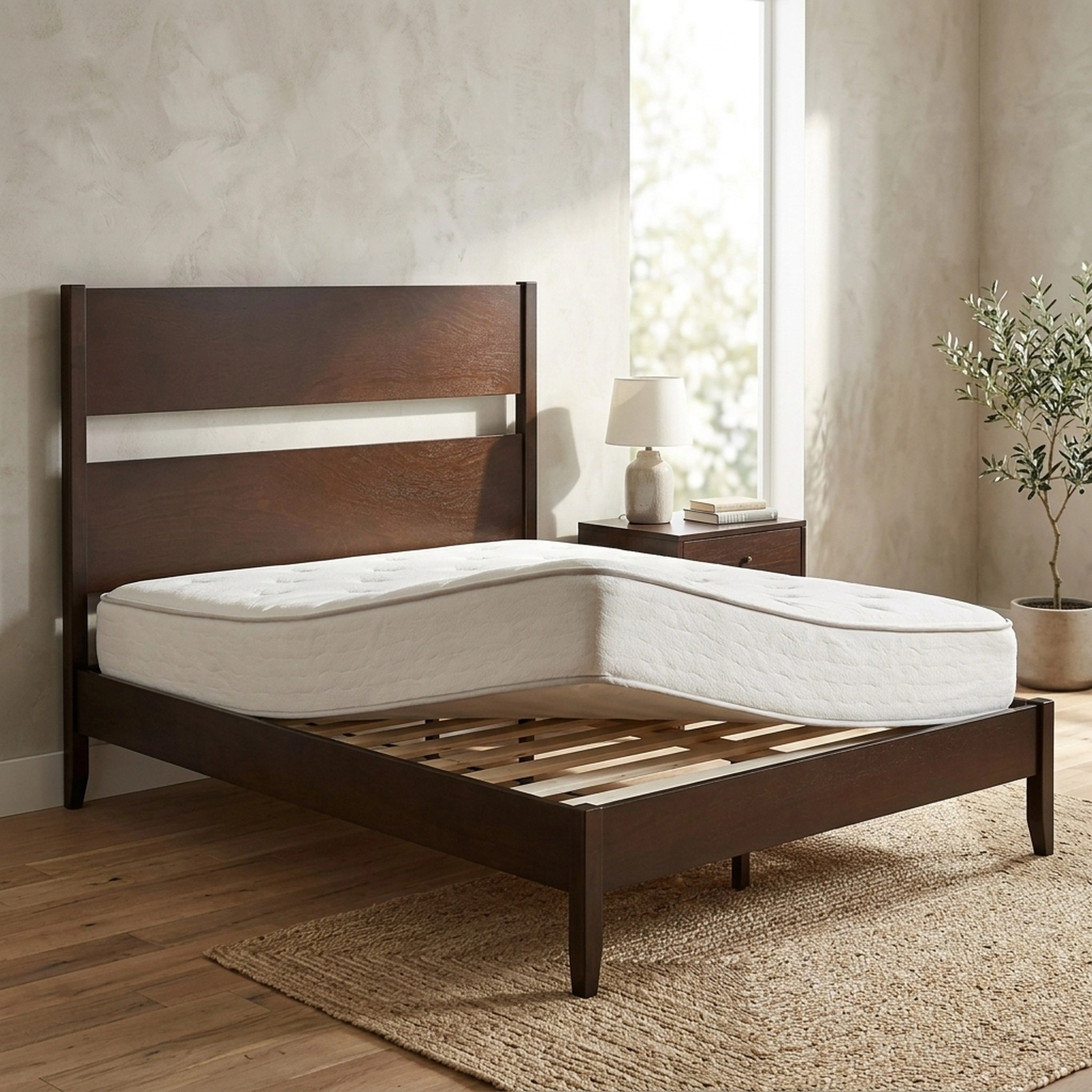 SUGIFT Queen Platform Bed Frame, 35-in Wood Headboard, 12 Screw-Fixed Slats, Dark Walnut