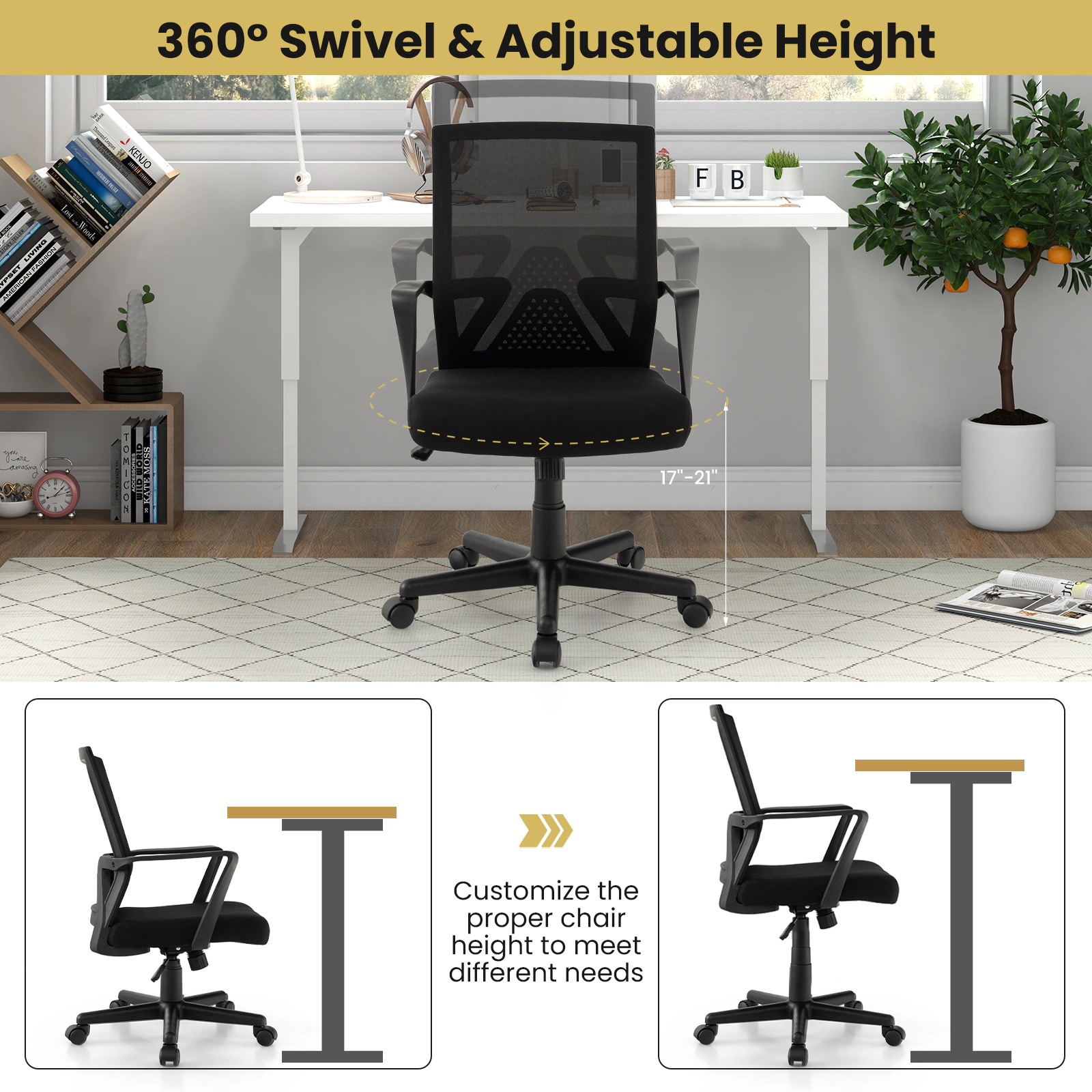 SUGIFT Ergonomic Mesh Desk Chair with Lumbar Support and Rocking Function 330-Lb Capacity Black