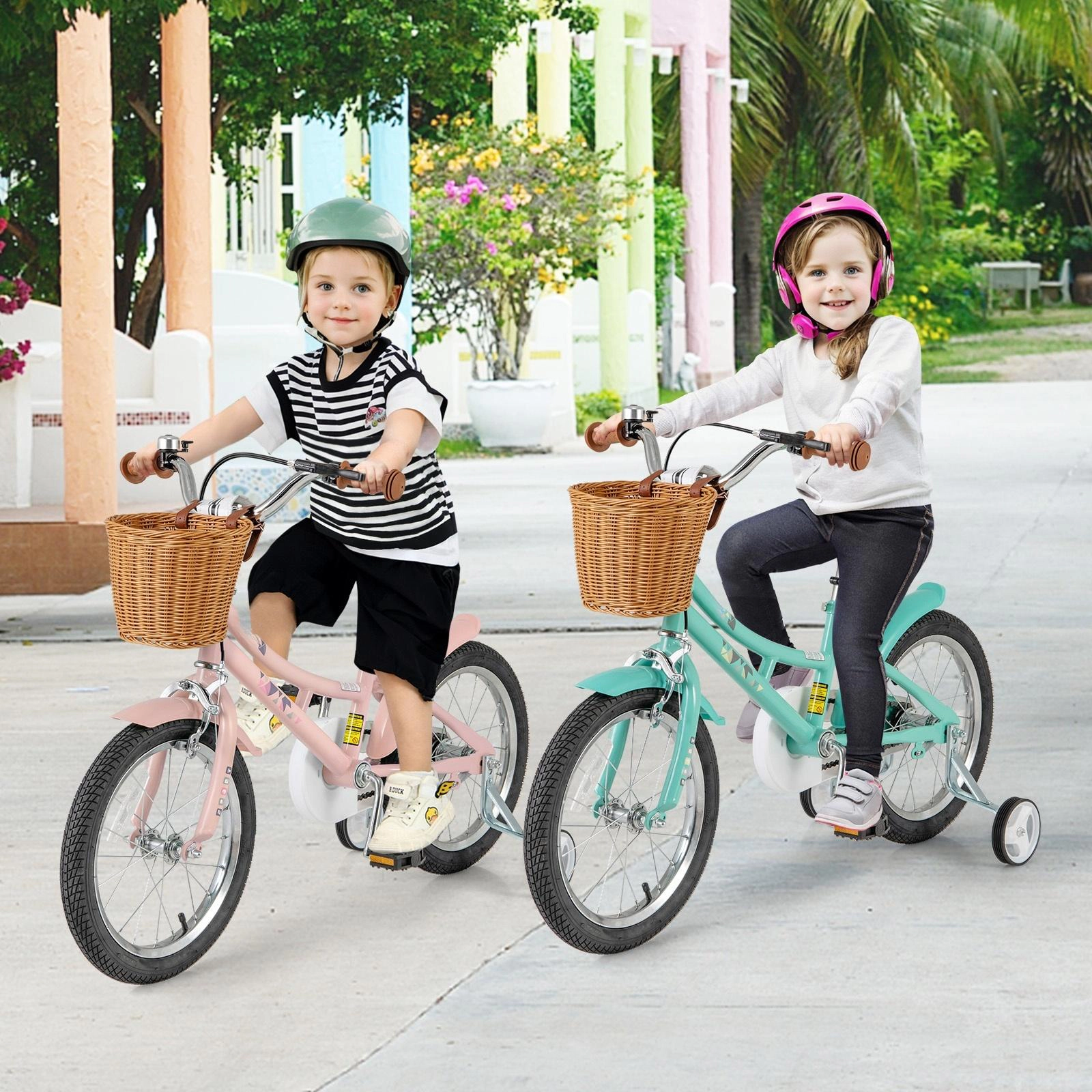 SUGIFT 16-Inch Pink Kids Bike with Basket, Fenders, Training Wheels and Dual Brakes