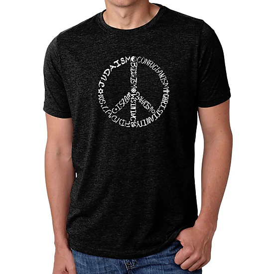 LA Pop Art Men's Cotton/Poly Blend Word Art T-Shirt - Different Faiths Peace Sign