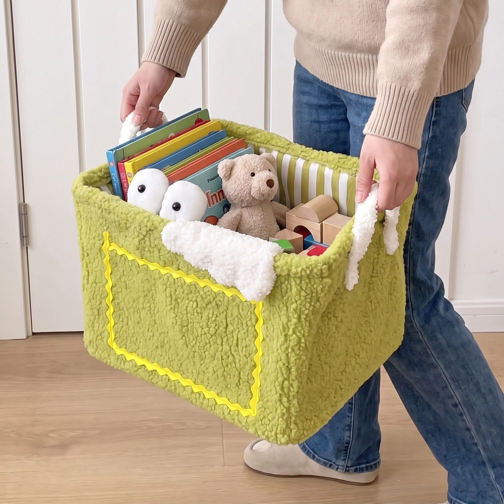 Alilang Plush Storage Basket with Handles and Front Pocket