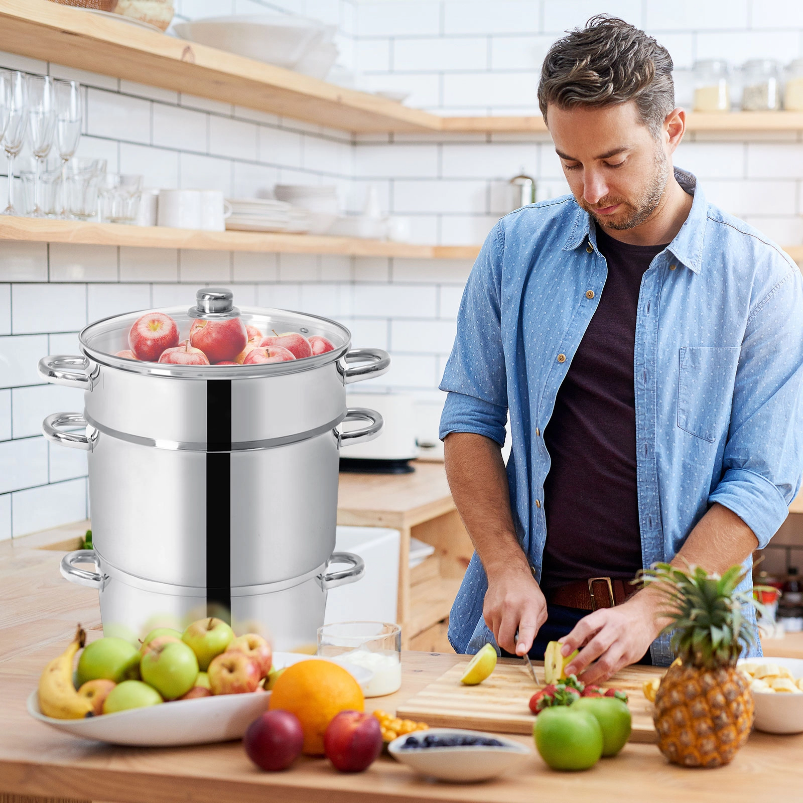 SUGIFT 11-Quart Fruit Juicer Steamer Pan with 3 Steam Pots and Glass Lid for Gas Electric and Induction Cook Tops