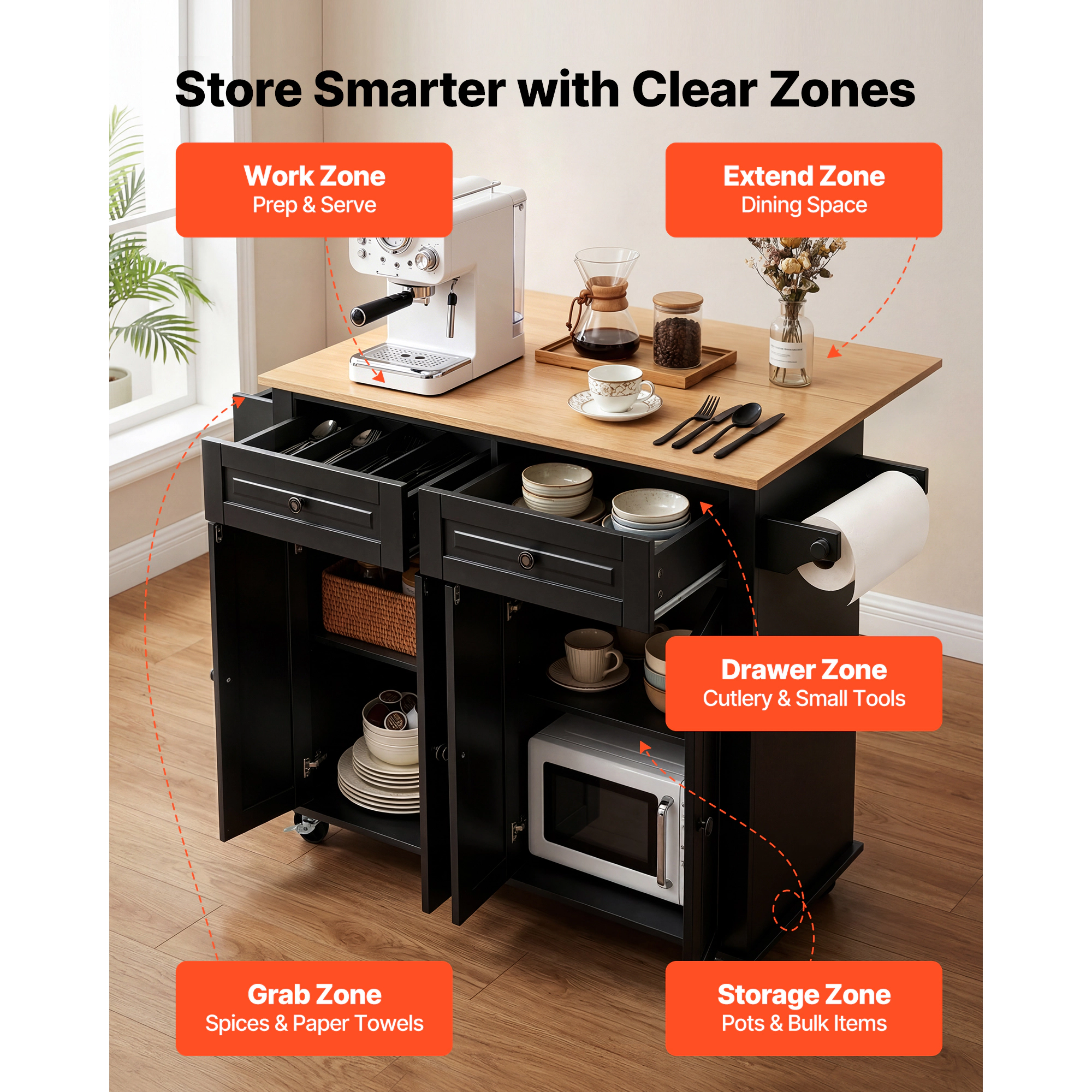 HONGGE Kitchen Island Cart with Storage 43.58 Wide Mobile Rolling on Swivel Wheels 2 Drawers