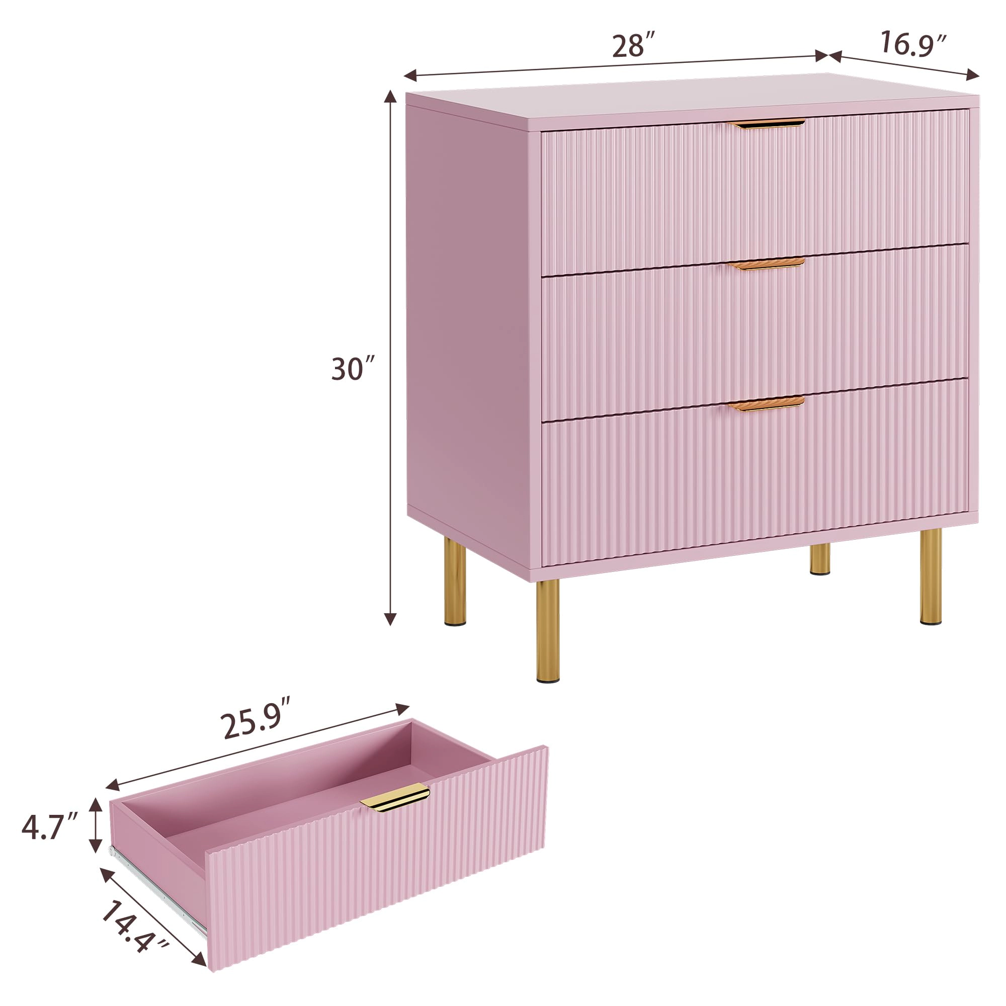 3 Drawer Fluted Dresser with Gold Handles & Metal Legs, Wooden Storage Chest for Bedroom Entryway