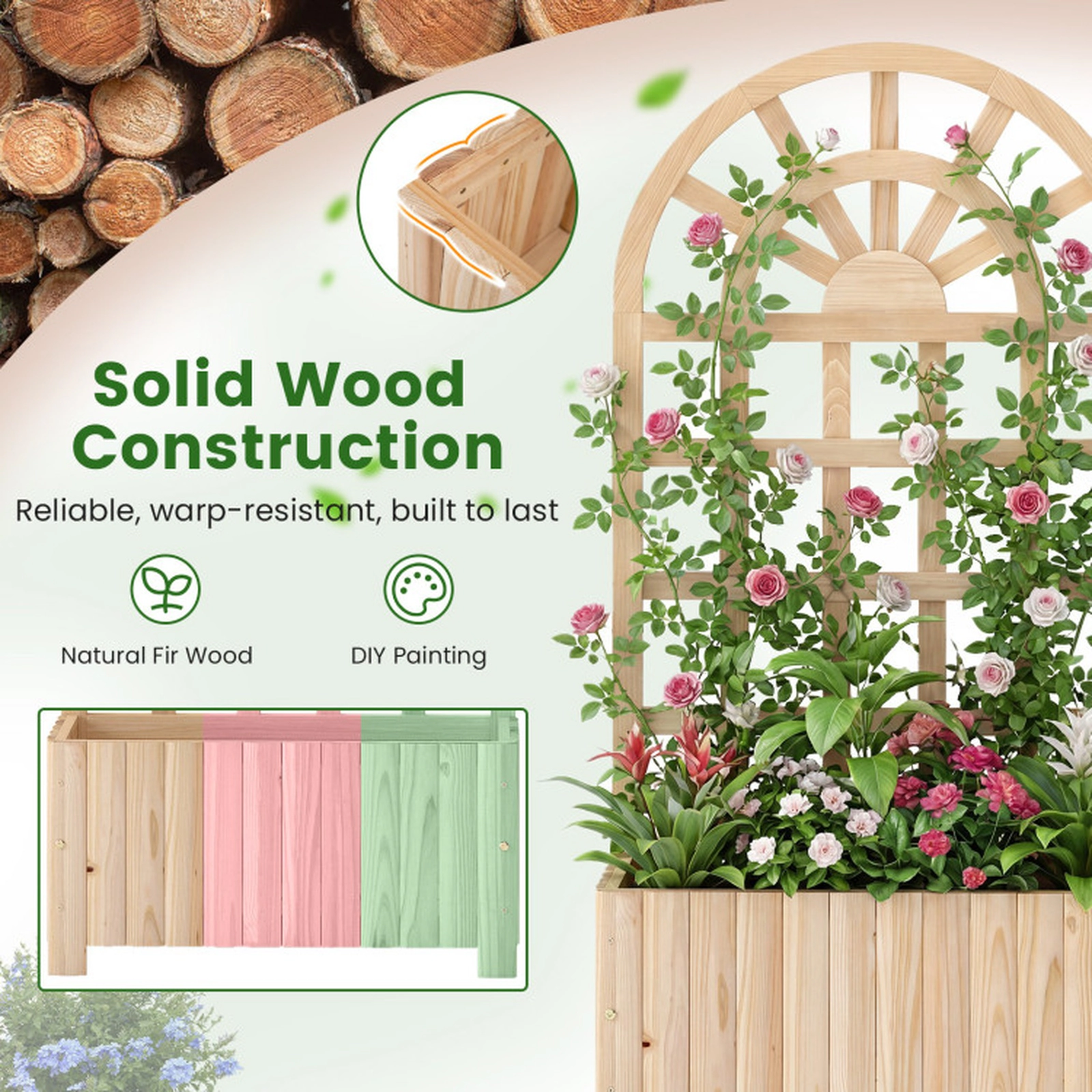 SUGIFT Natural Wood Raised Garden Bed with 48-in Lattice Trellis 24-in W 12-in D 66-lb Planter Box Capacity