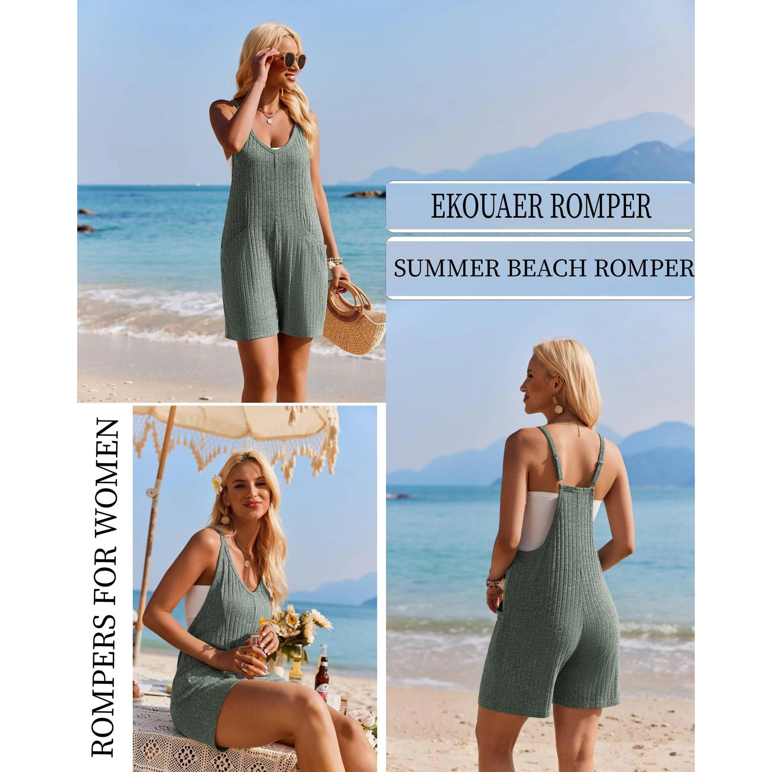 Ekouaer Women's V Neck Sleeveless Ribbed Knit Romper with Pockets