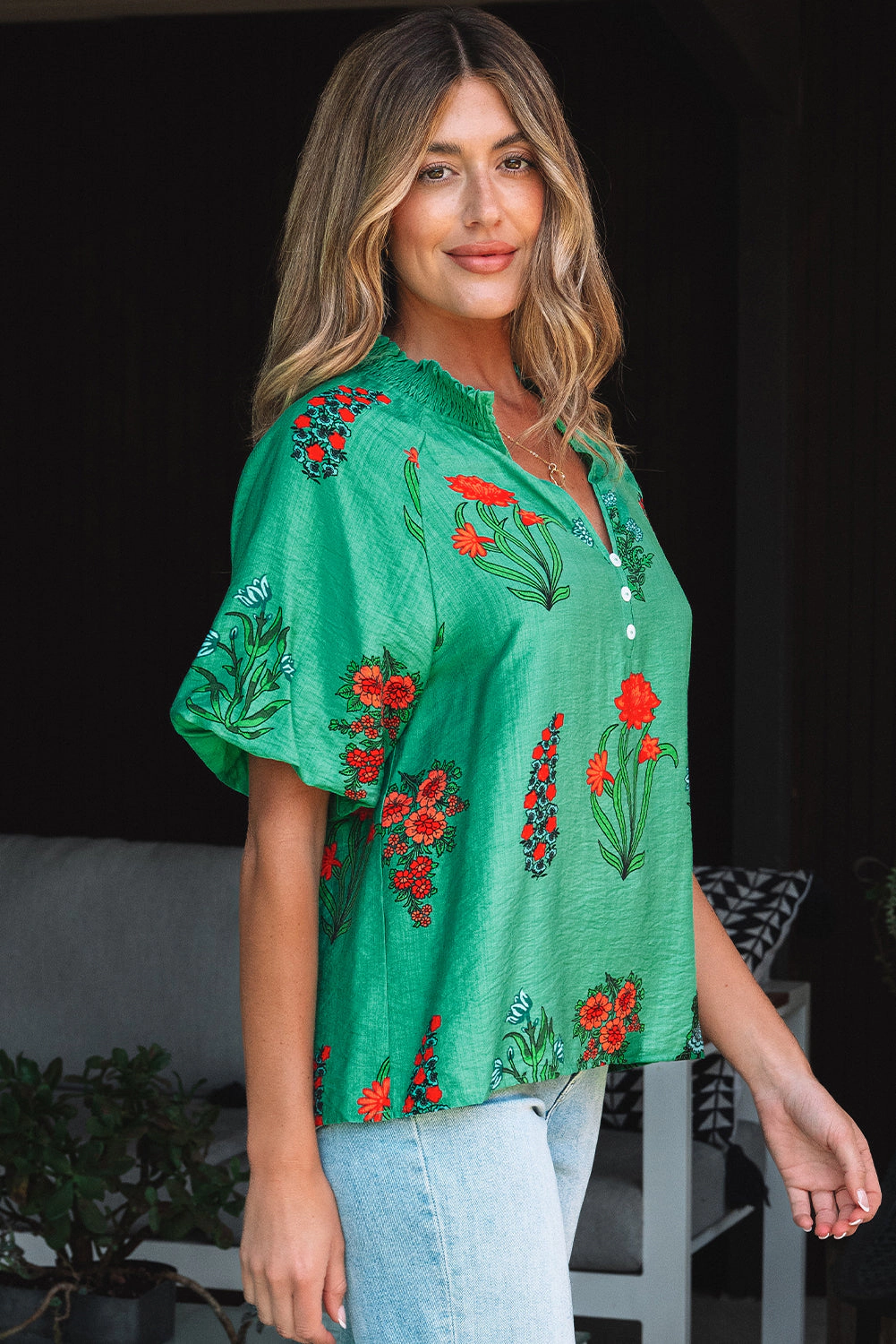 Threaded Pear Women's Penelope Floral Buttoned V Neck Short Sleeve Blouse