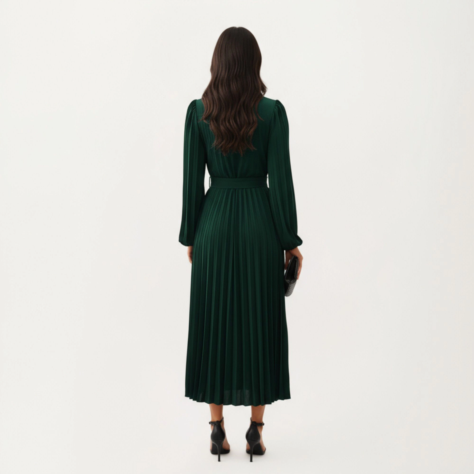 Anna-Kaci Womens Pleated Belted Crew Neck Midi Dress