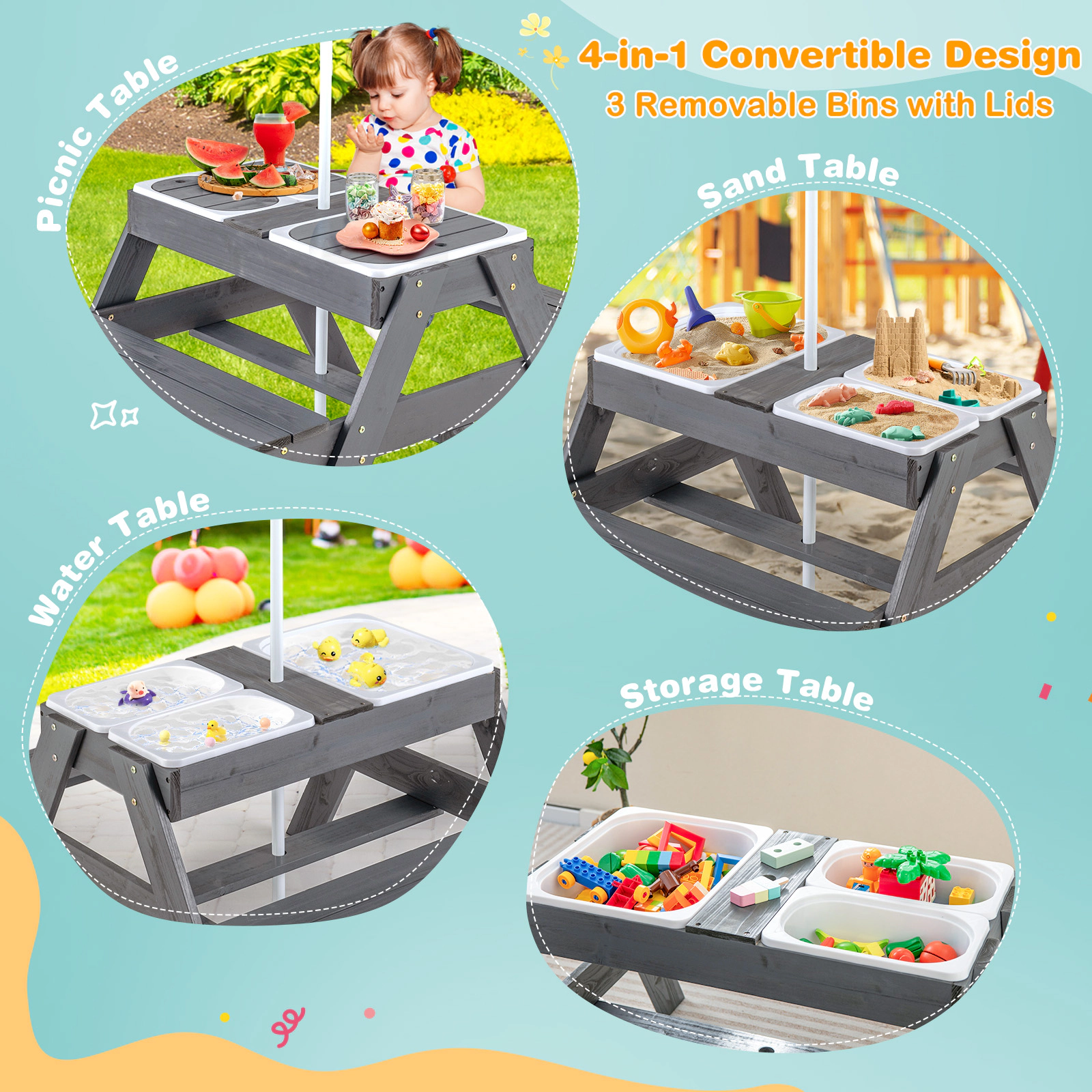 SUGIFT Kids Wooden Picnic Table with Benches, 3 Removable Bins and Adjustable 59-Inch Umbrella, Gray