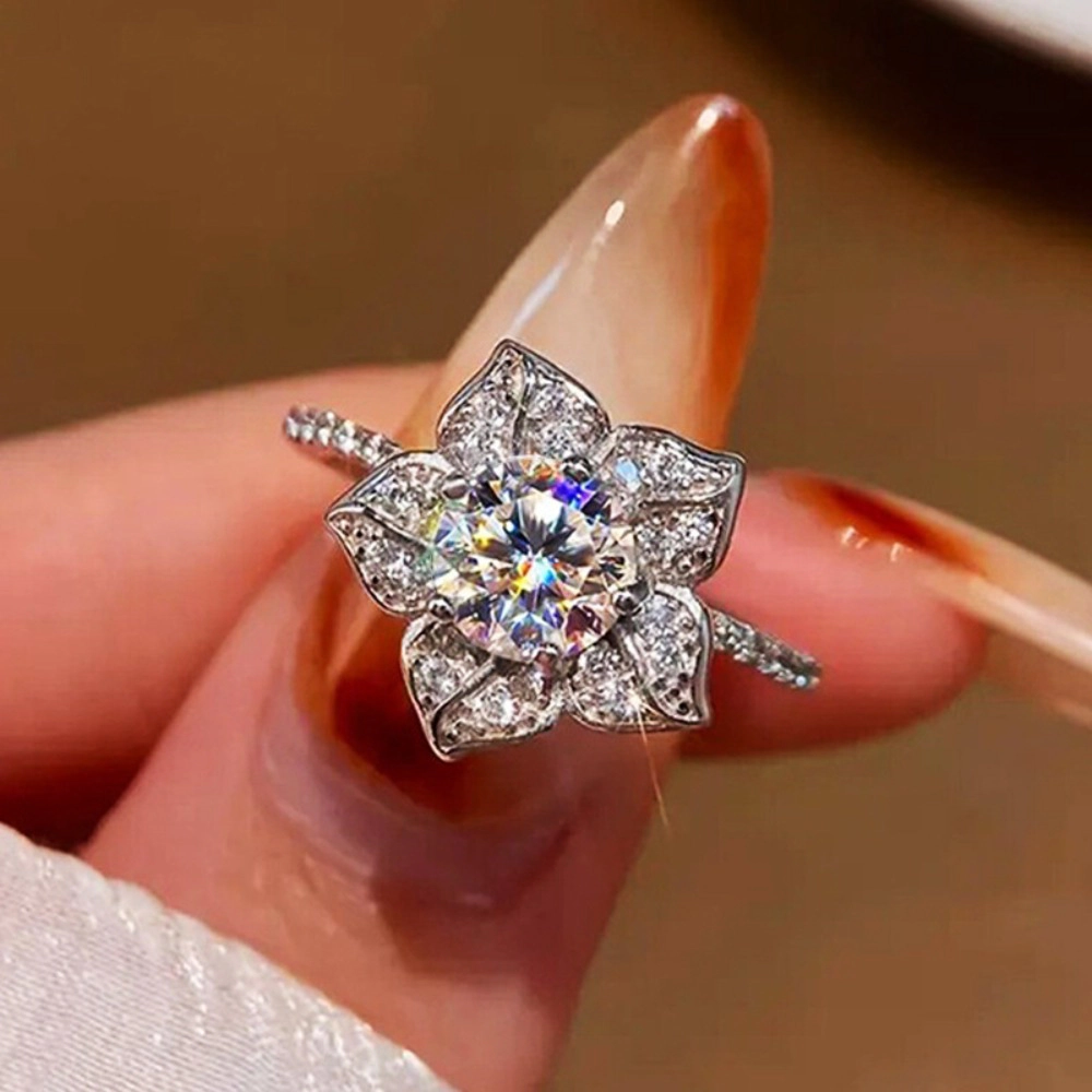 Flower-Shaped Pave Cubic Zirconia Ring Luxury Engagement Jewelry