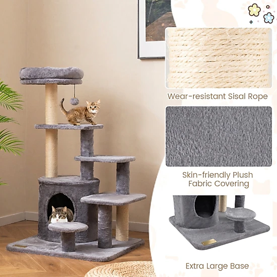 SUGIFT 40-in Beige Multi-Level Cat Tree Tower with Condo Padded Perch and Sisal Posts 23-in Square Base