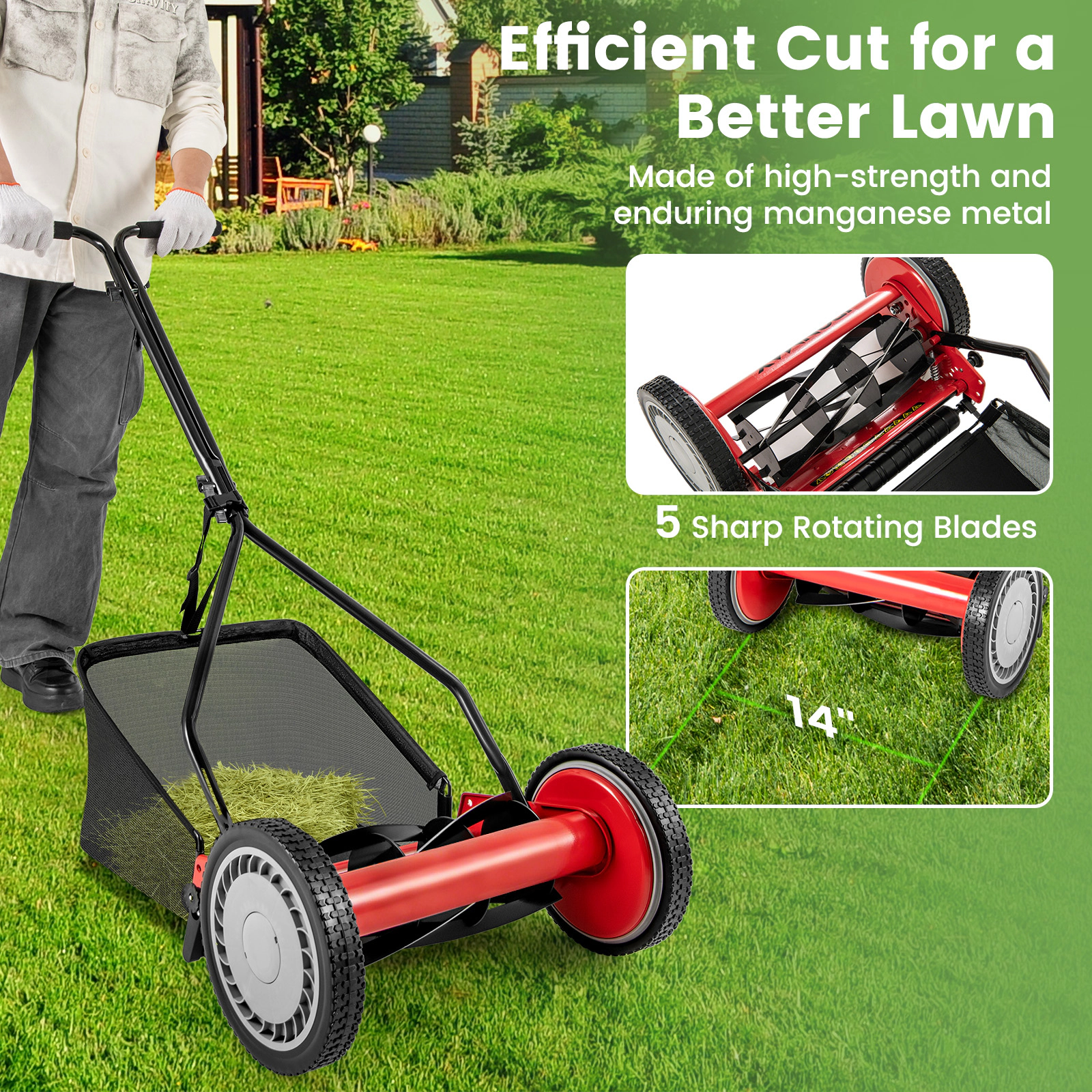 SUGIFT 14 in Push Reel Lawn Mower Red with 5 Steel Blades and 7 Gallon Grass Bag