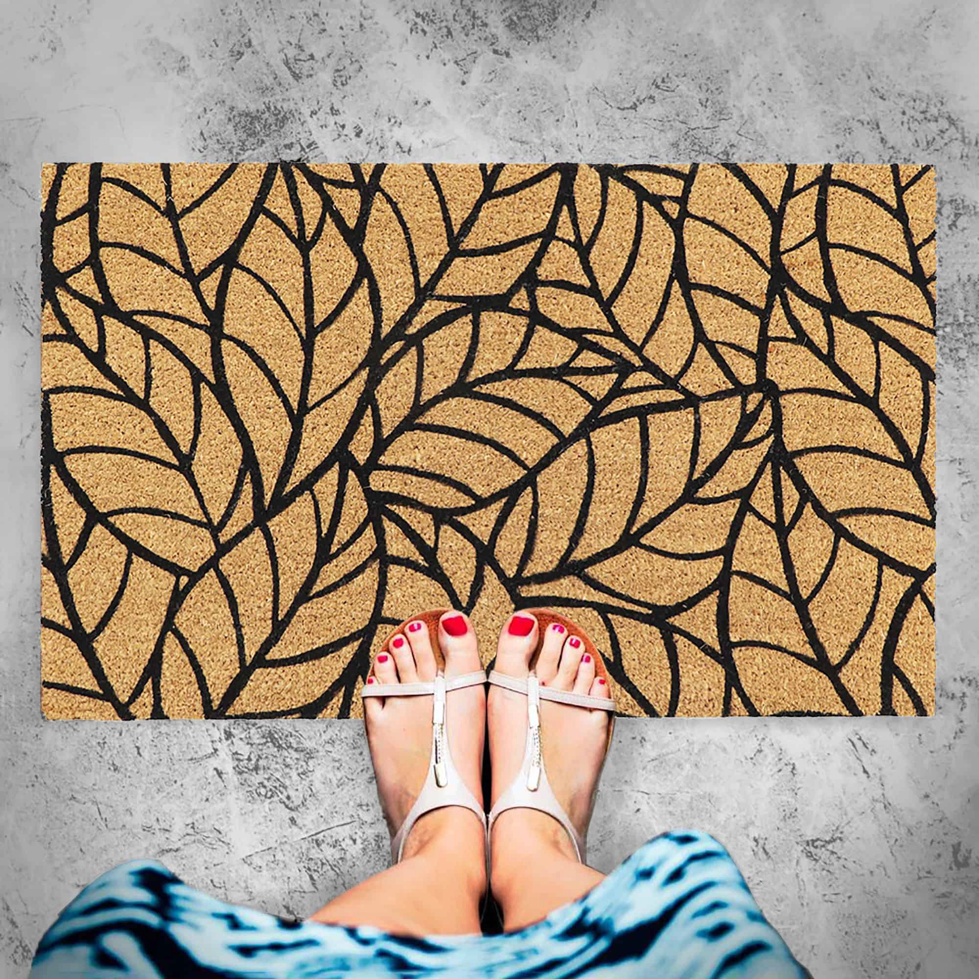 Evideco French Home Goods Natural and Black Leaf Coir Doormat 30 x 18 Inches