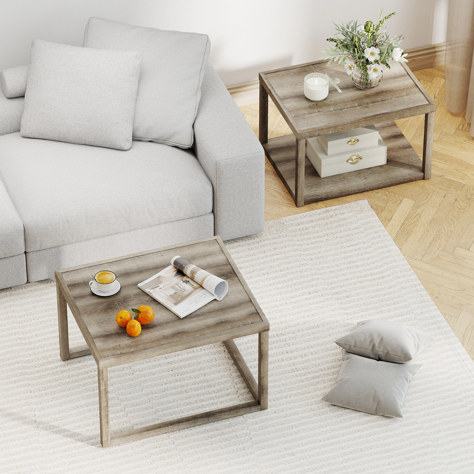 Slickblue Set of 2 Coffee Table Set Rectangular Nesting Tables with Open Shelf Gray Finish