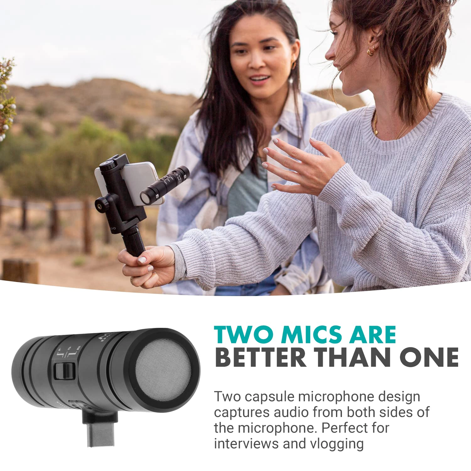 Movo DoubleMic-UC Dual Capsule Phone Microphone for USB-C Devices- Two-Sided Cardioid Condenser Android Shotgun Mic