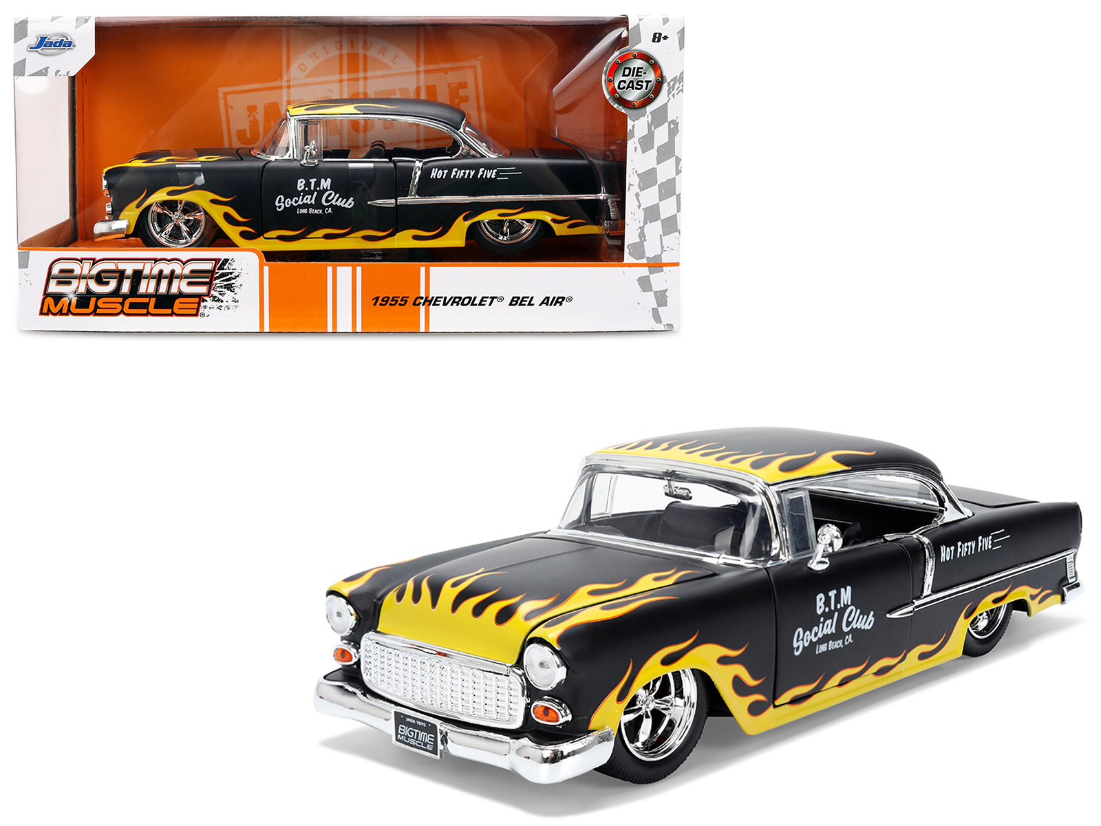 Jada 1955 Chevrolet Bel Air "BTM Social Club" Matt Black with Flames "Bigtime Muscle" Series 1/24 Diecast