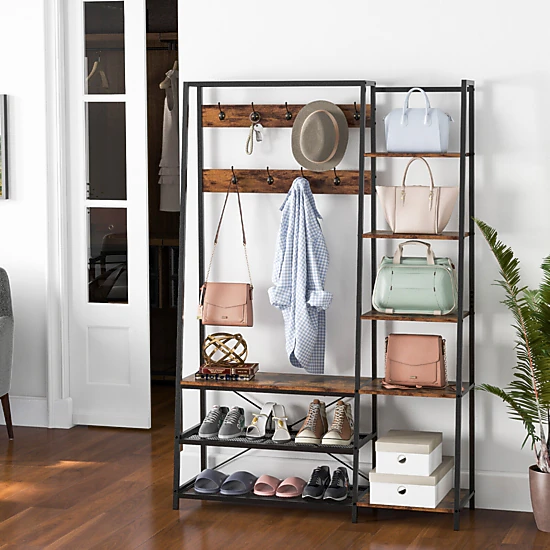 Glintex 5-in-1 Hall Tree with 9 Hooks 5 Side Shelves and 110-Lb Mesh Shelves, Rustic Brown