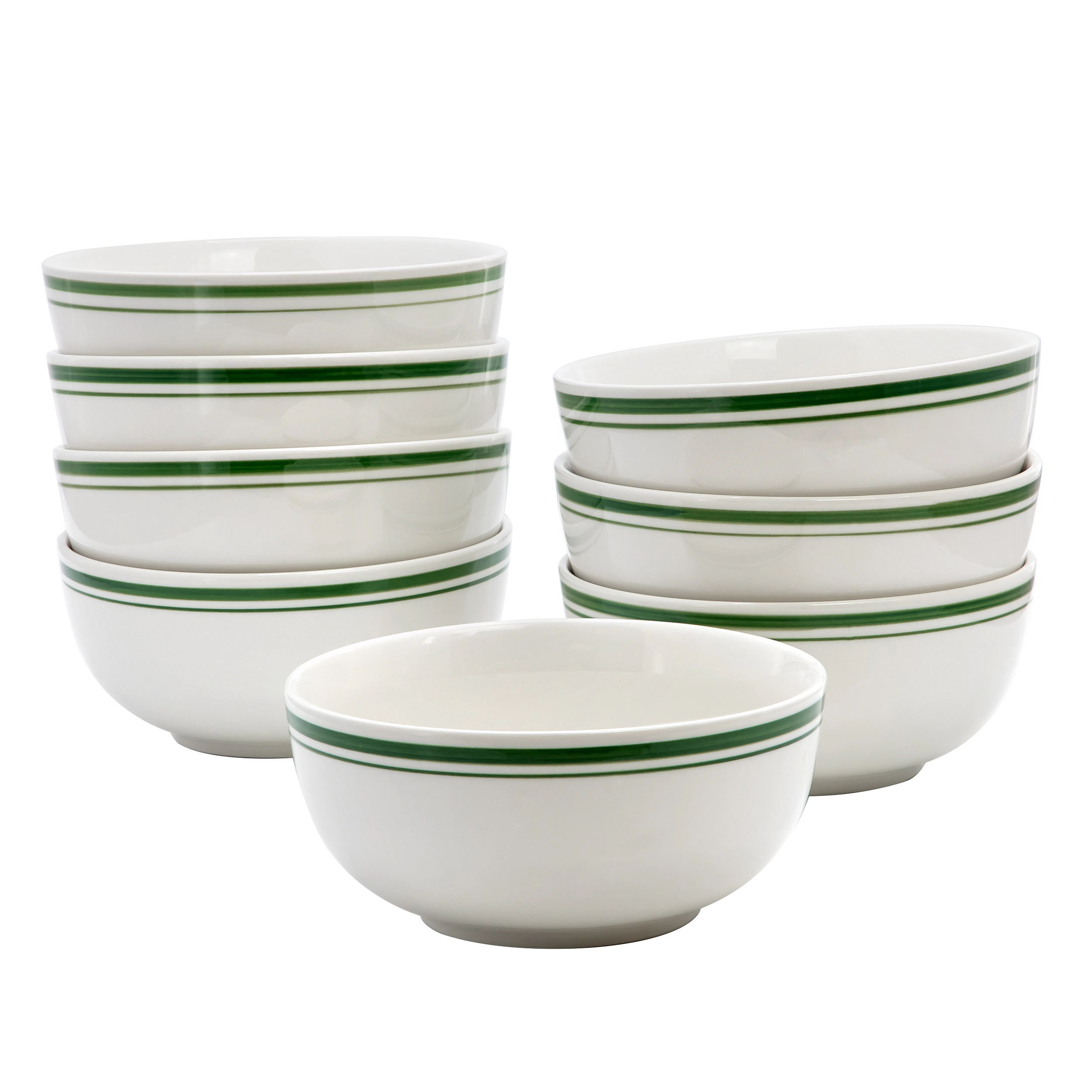 Gibson Home Hometown Diner 8 Piece 6 Inch Round Ceramic Cereal Bowl Set with Green Band
