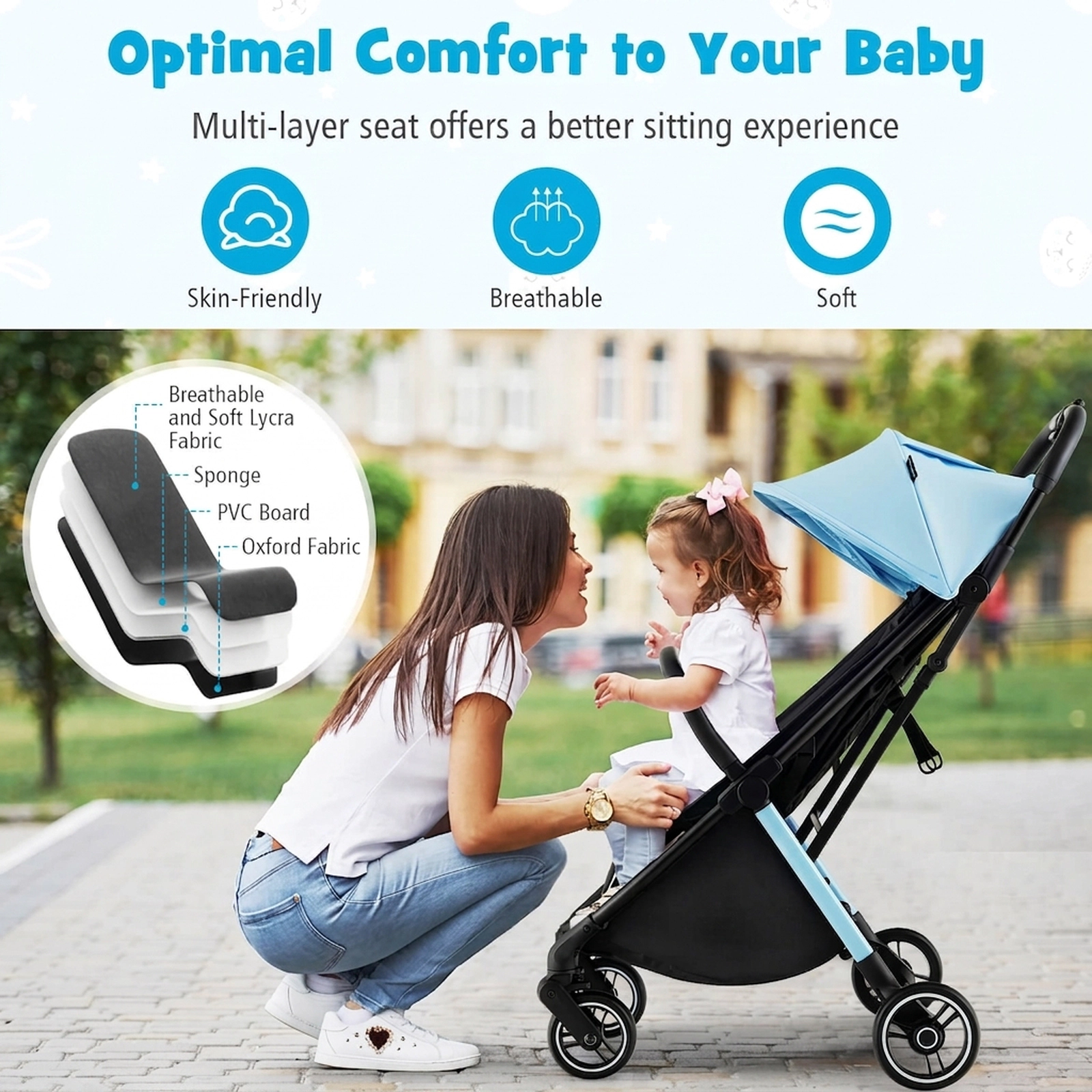 SUGIFT One-Hand Folding Portable Lightweight Baby Stroller with Aluminum Frame 33-lb Seat Capacity Ages 6-36 Months Blue