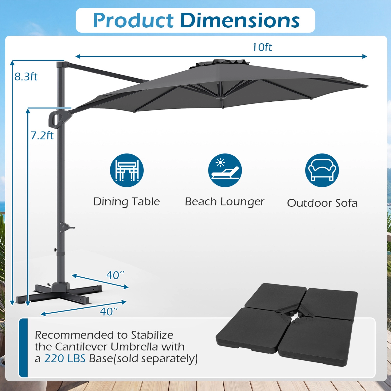 SUGIFT 10-Ft Gray Offset Cantilever Patio Umbrella, Vented Top, 8 Metal Ribs
