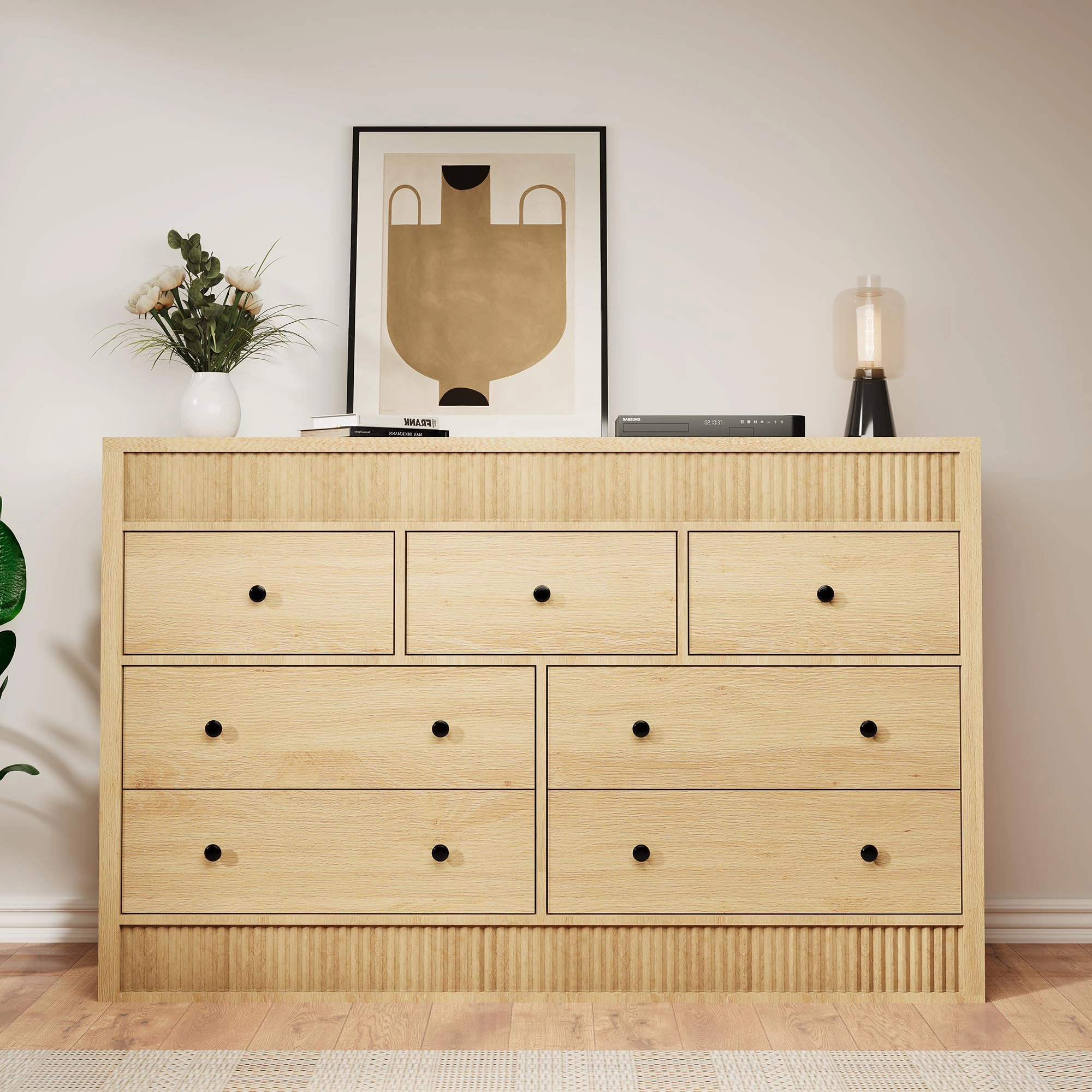 Fluted 7 Drawer Wooden Dresser, 54" Wide Modern Storage Chest for Bedroom or Living Room