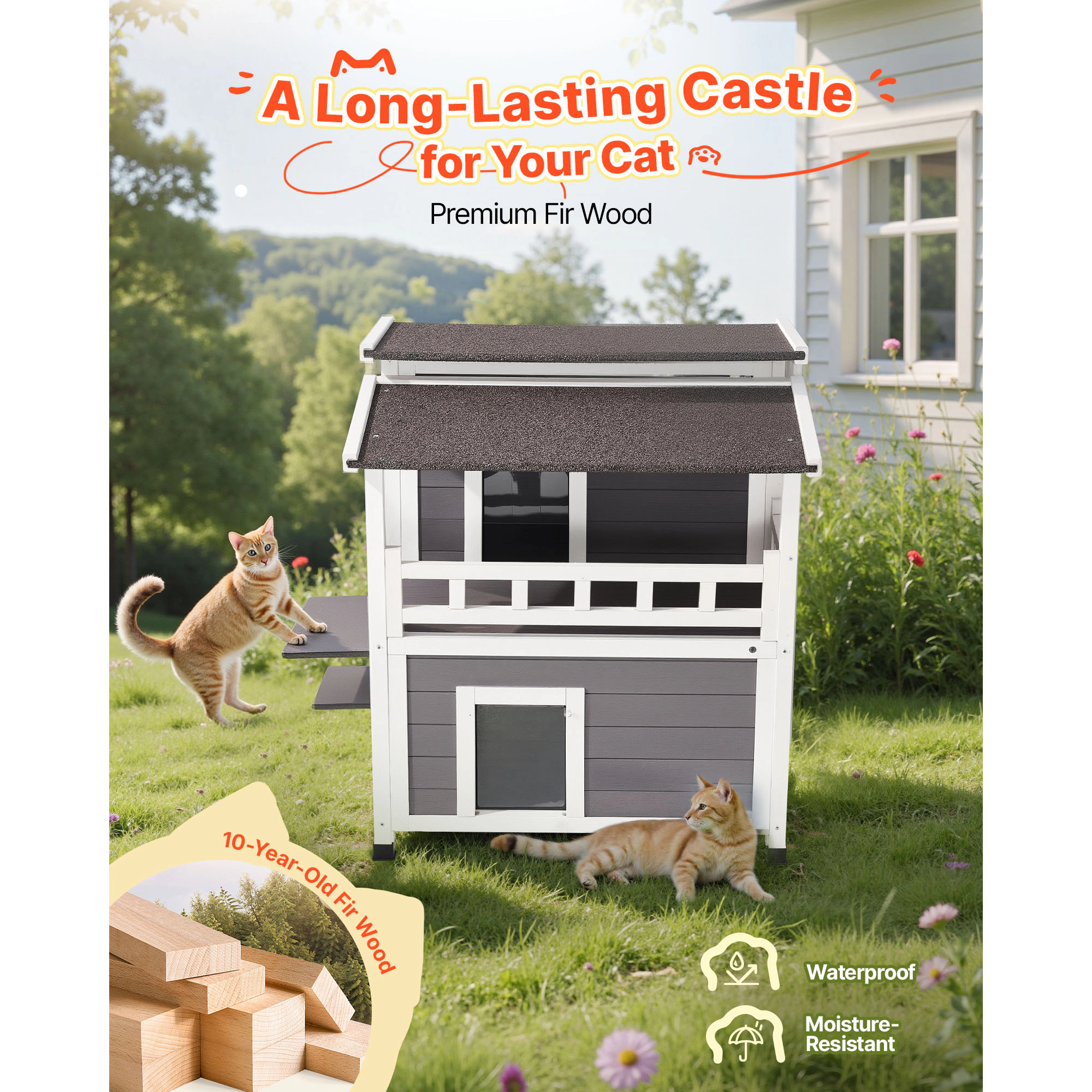 HONGGE Outdoor Wooden Cat House Shelter for Feral Cats in Winter with Waterproof Roof