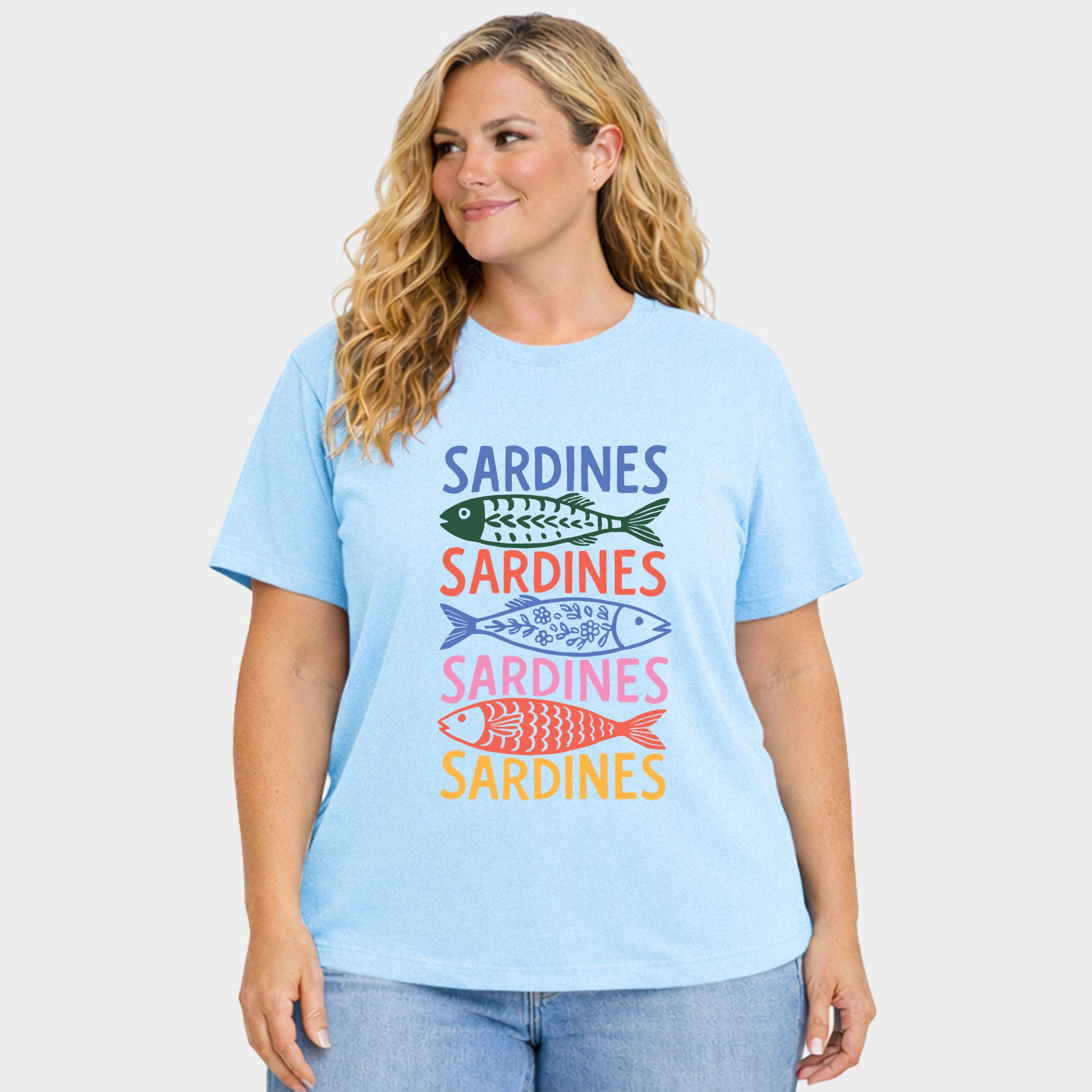 Simply Sage Market - Sardines Colorful Stacked Women's Plus Sized Garment Dyed Graphic T-Shirt