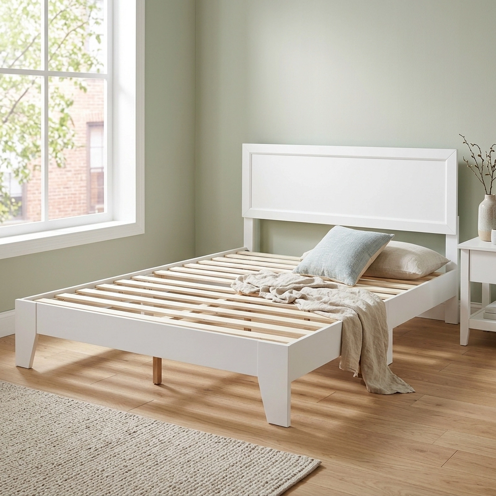 Queen Size Modern Wood Platform Bed Frame with Mid-Century Headboard Tapered Legs Wooden Slat Support White