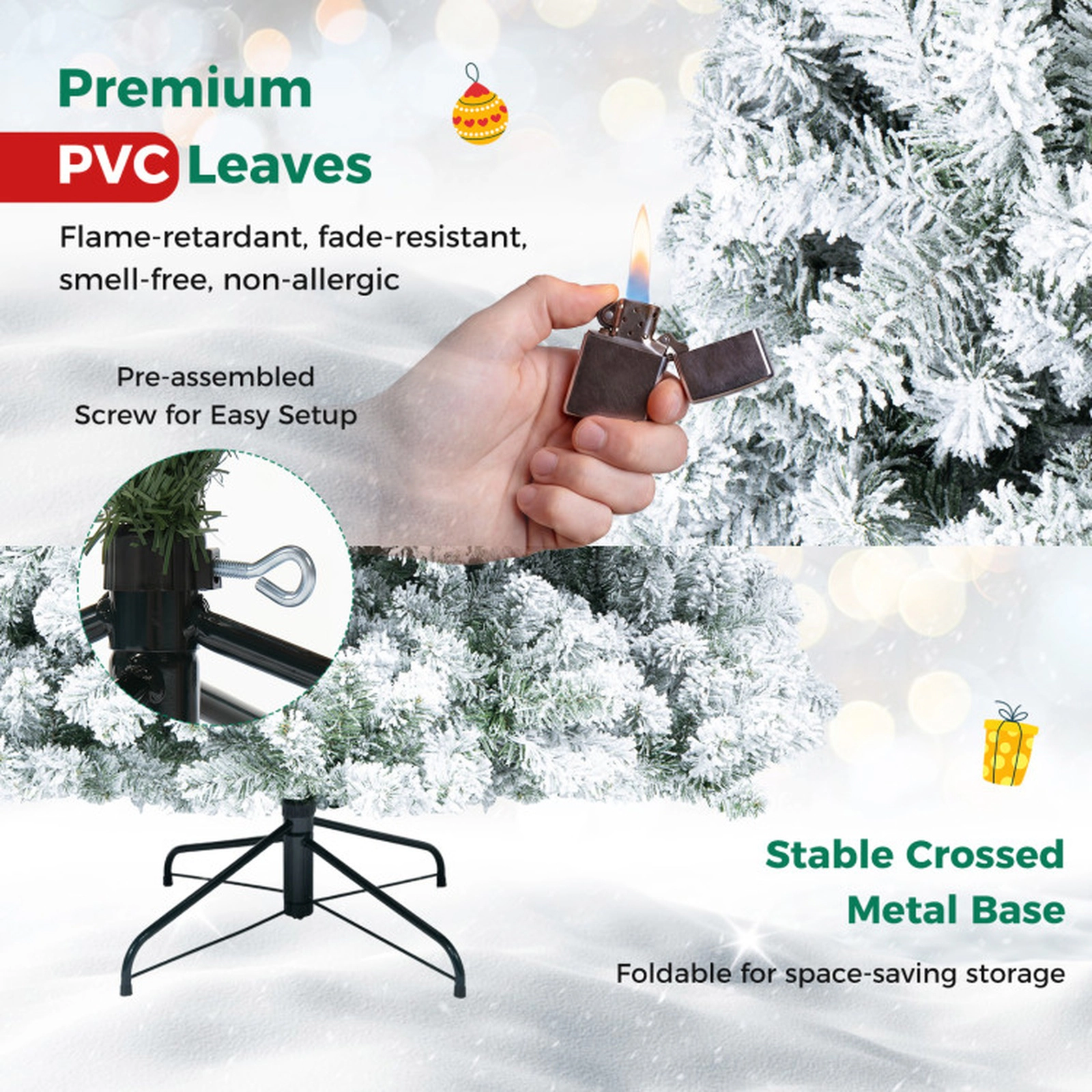 SUGIFT 6-ft Snow Flocked Artificial Christmas Tree with 600 Branch Tips 3 Sections and Foldable Stand