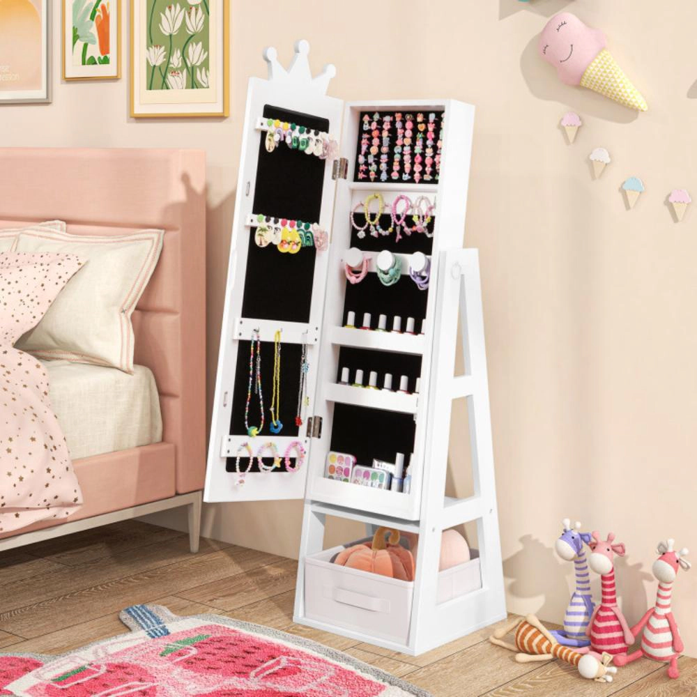 Hivvago Free-Standing Full Length Kids Jewelry Armoire Cabinet With Storage Capacity-White