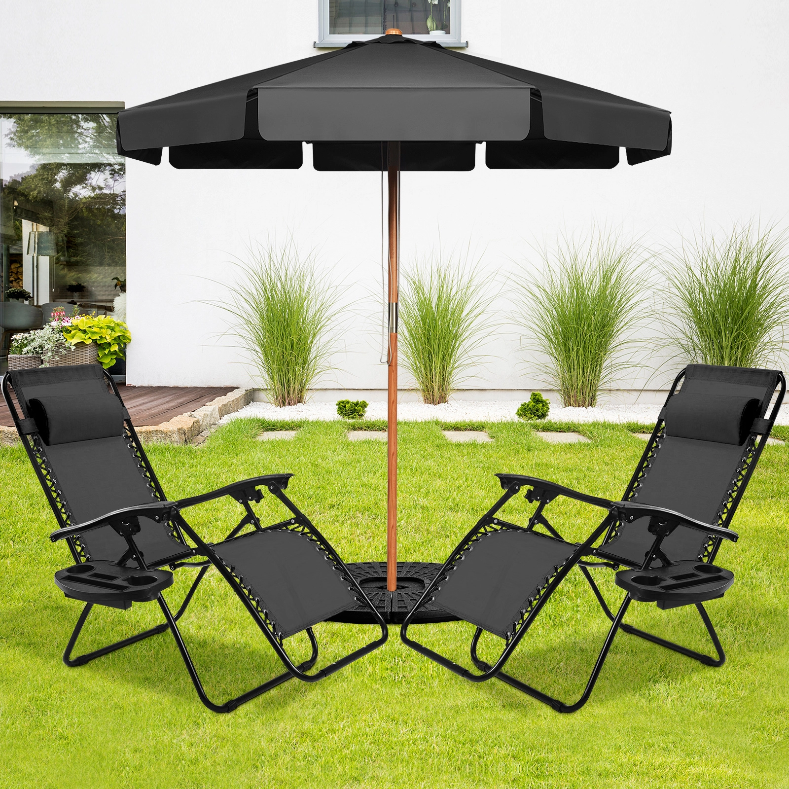 SUGIFT Set of 2 Zero Gravity Lounge Chairs Black Folding Recliners with Trays and Headrests