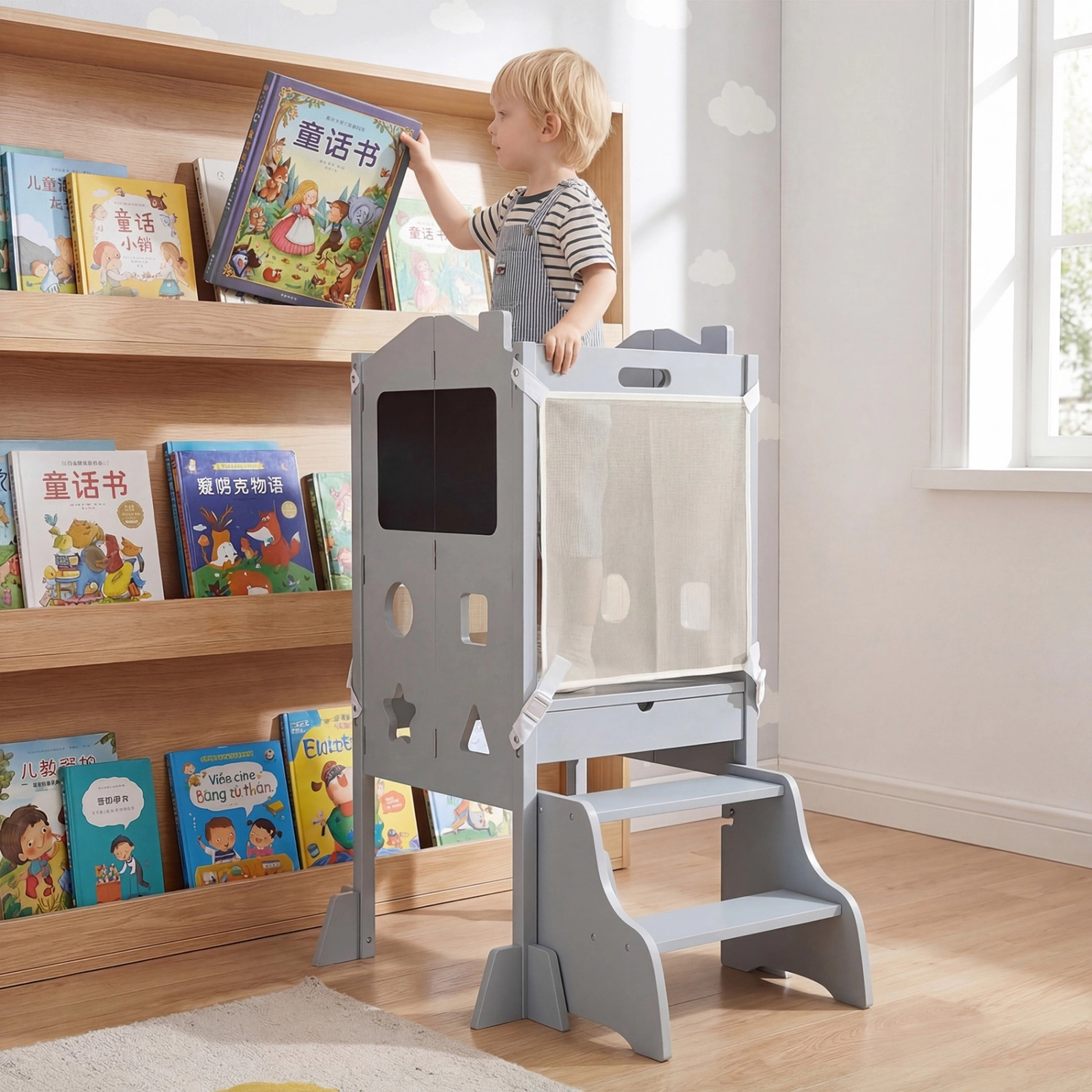 SUGIFT Foldable Toddler Standing Tower and 2-Step Stool with Chalkboards 110-lb Capacity Ages 2+ Gray/White