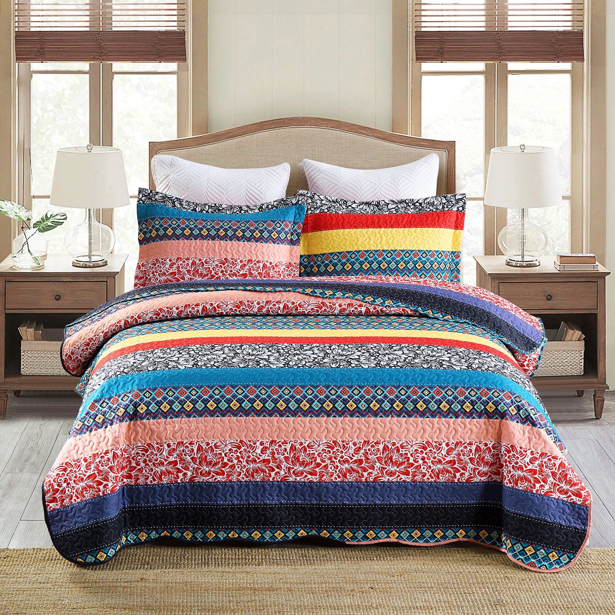 MarCielo 3 Pieces Soft Polyester Bohemian Stripe Patchwork Quilt Bedspread Set