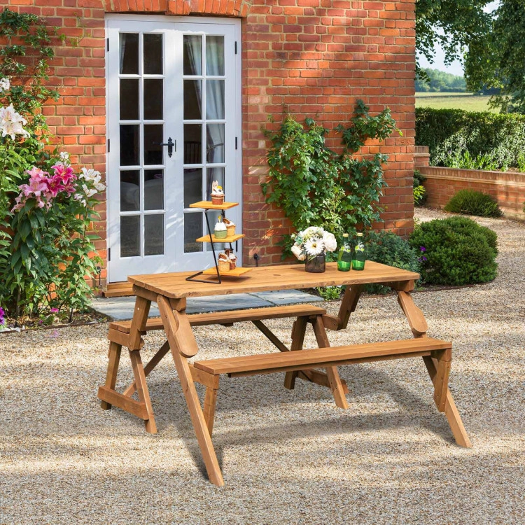 Hivvago 2-In-1 Transforming Interchangeable Wooden Picnic Table Bench With Umbrella Hole