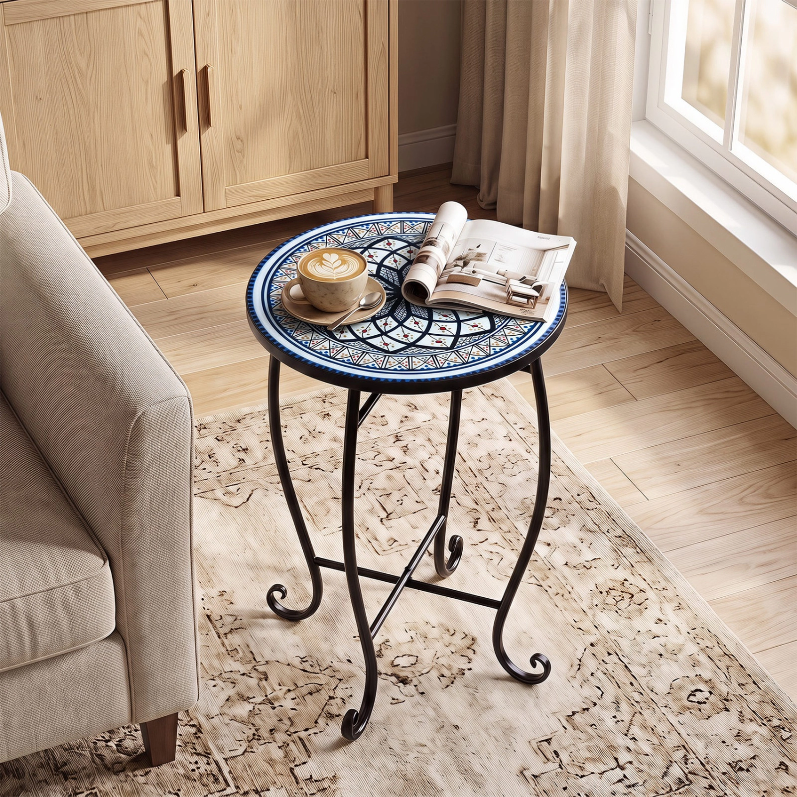 SUGIFT Round Metal Floral Mosaic Style Top Protective Feet Patio Accent Table In White