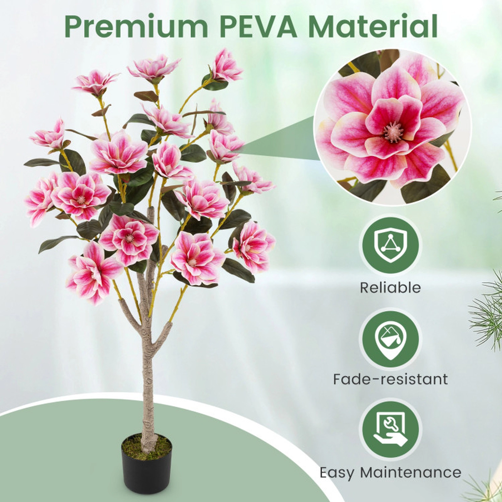 SUGIFT 51-in Peva Leaves Multi-Branch Trunks No-Watering Faux Magnolia Tree 6-in x 5-in Cement Pot 9-lb Pink