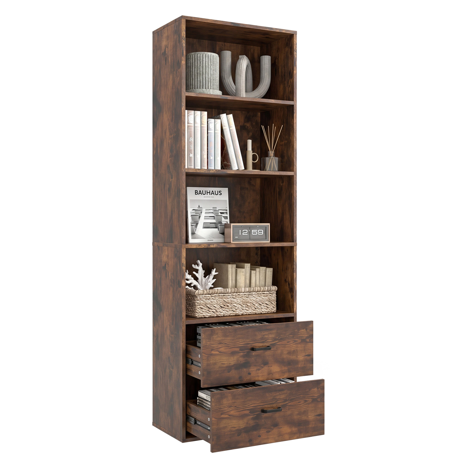 LJG 6-Tier Tall Freestanding Bookshelf with 4 Open Shelves and 2 Drawers