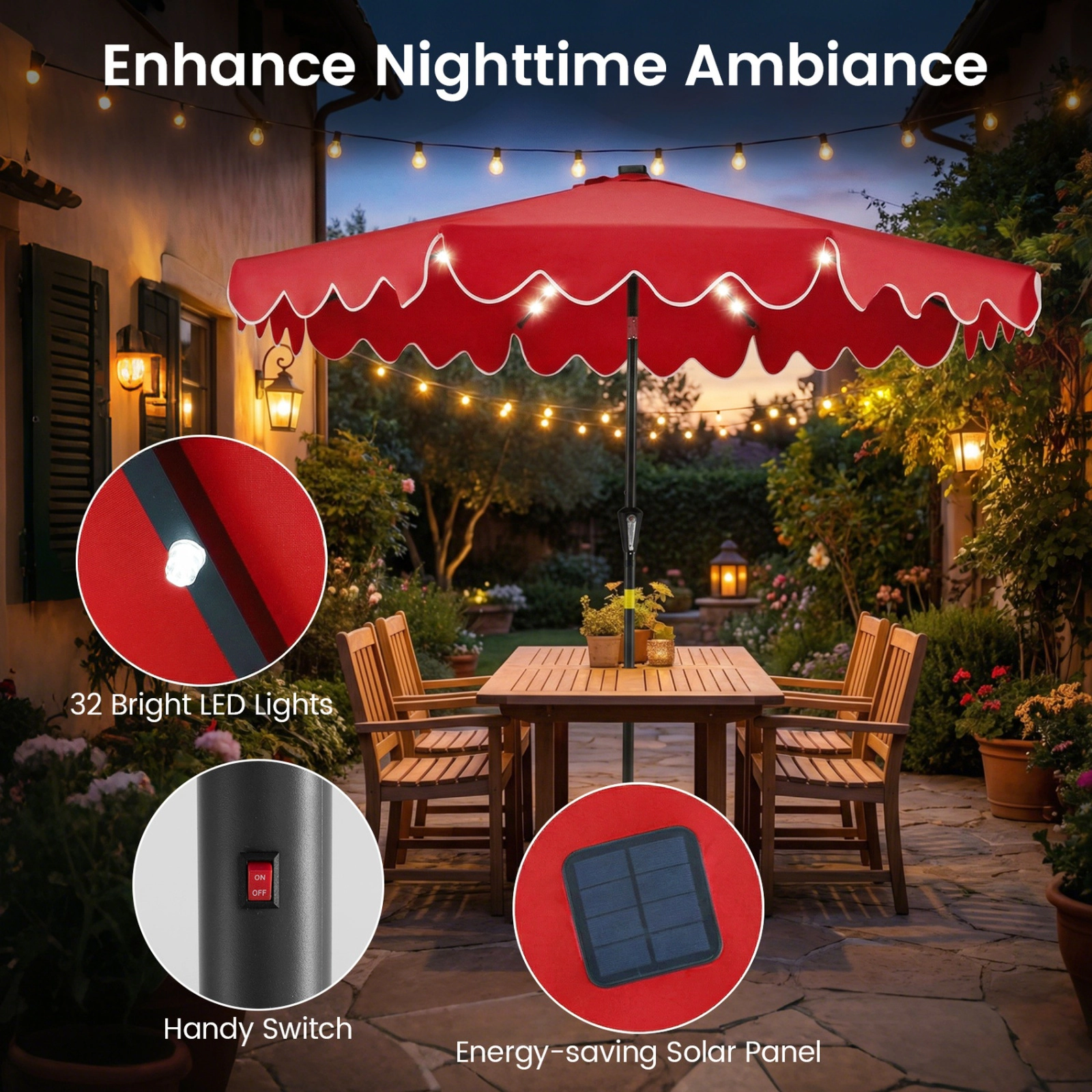 SUGIFT 9 ft Red Solar Patio Umbrella, Scalloped Canopy, 8 Ribs, Tilt, 1.5 in Pole, 2 Sandbags