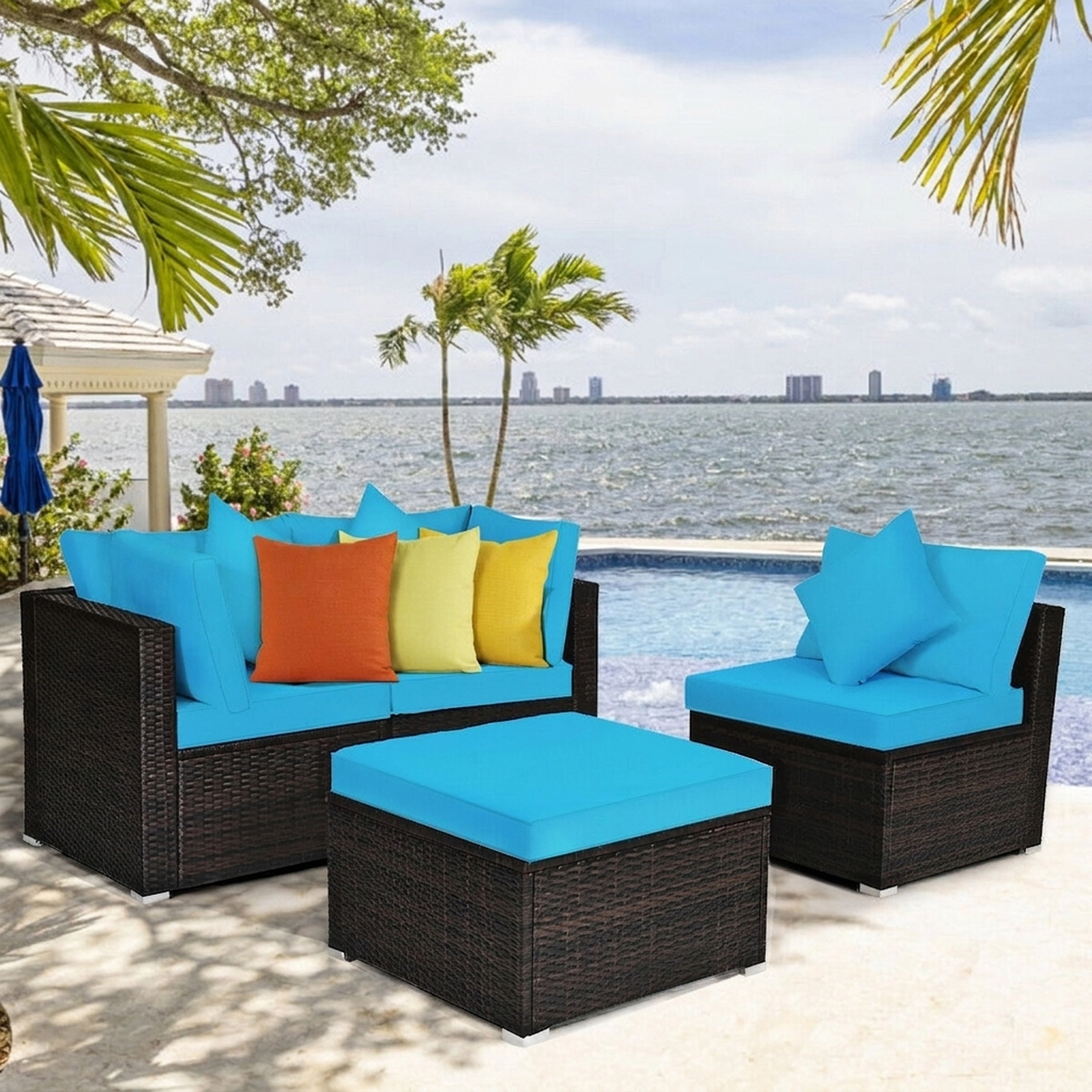 SUGIFT 4-Piece Turquoise Wicker Patio Sectional, 2 Corner Sofas and 25-Inch Ottoman
