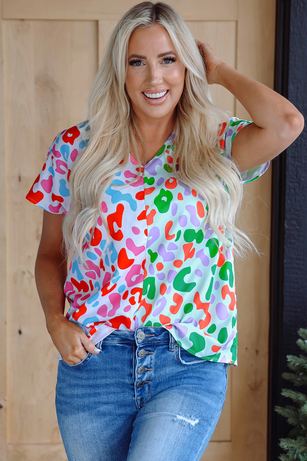 Threaded Pear Women's Ruthie Print Short Sleeve Blouse