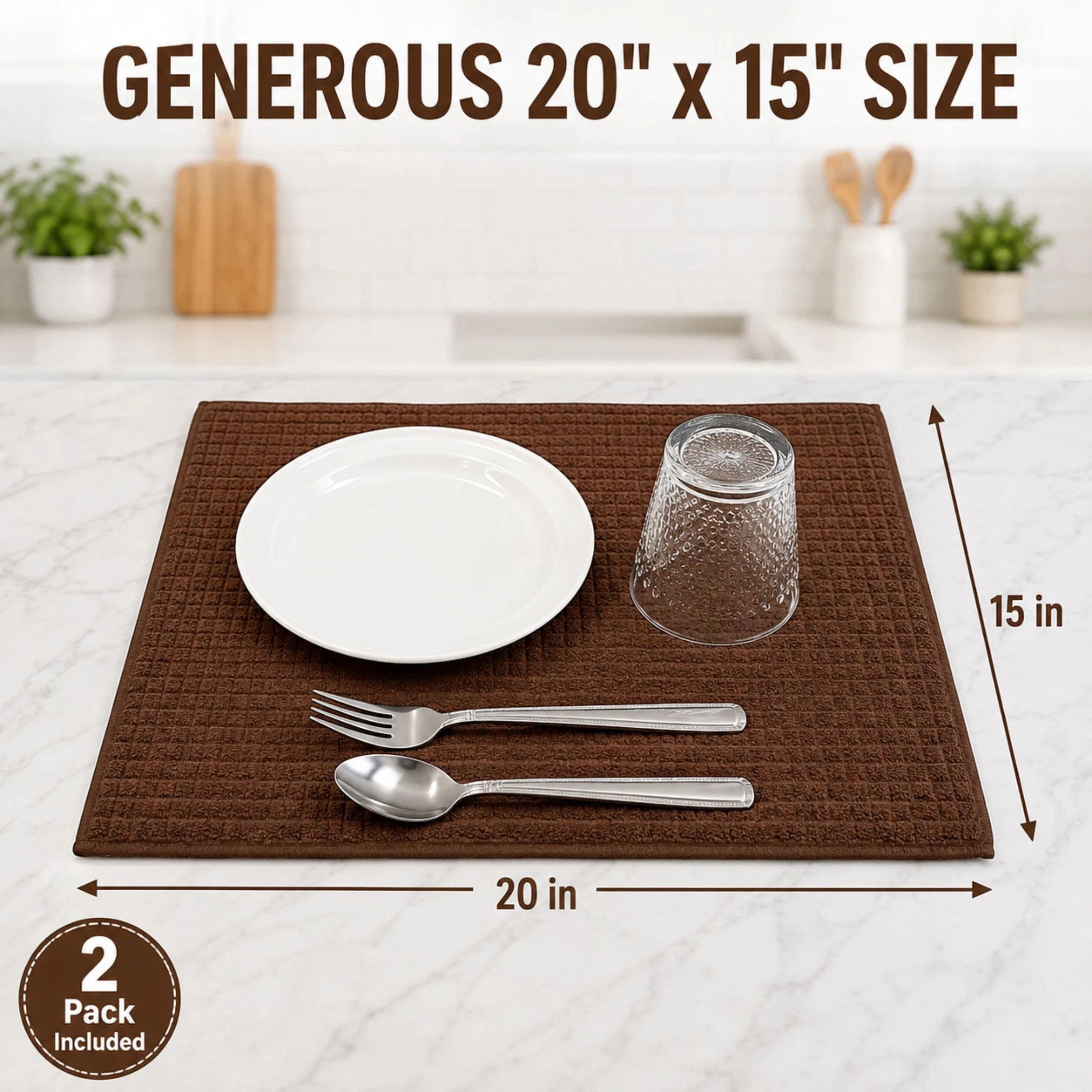 Home Collection Pack of 2 Brown Absorbent Dish Drying Mats 20" x 15"