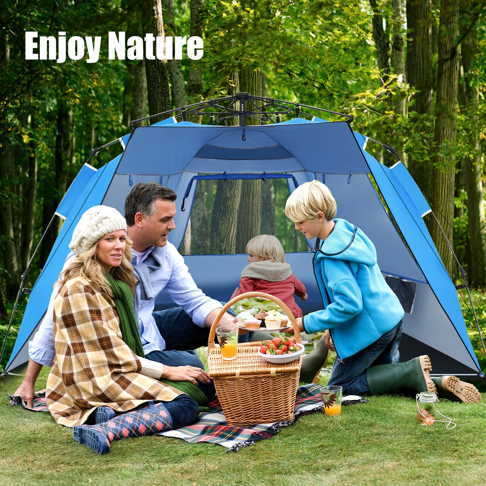 SUGIFT 3-4 Person Blue UPF 50+ Pop Up Beach Tent with Extendable Floor and 50-in Porch 100-in W 50-in D 52-in H