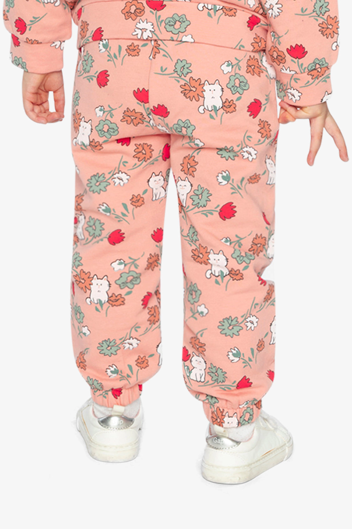 Deux par Deux Girls French Terry Elastic Cuff Sweatpants with Cat Print