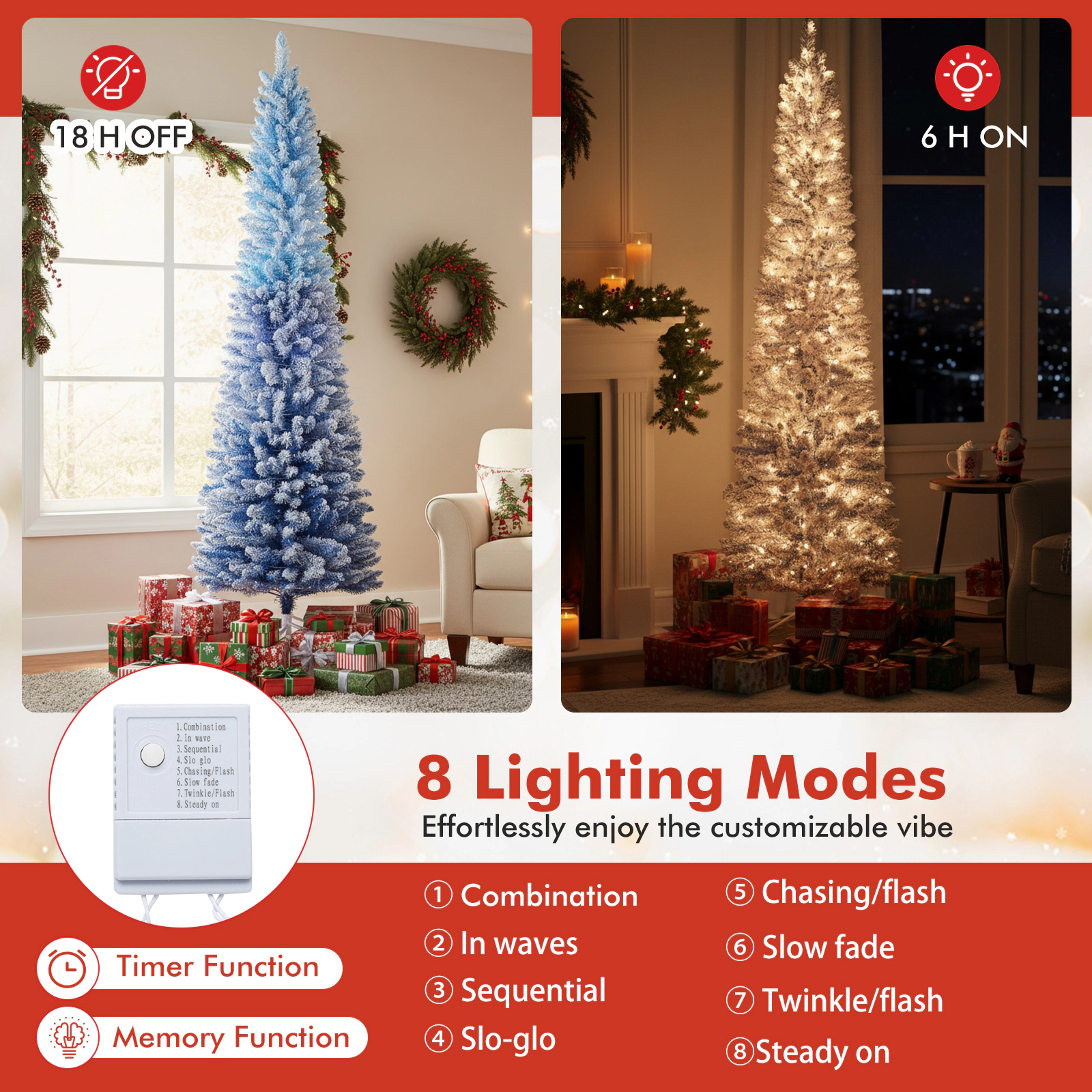 SUGIFT 7-ft Slim Snow Flocked Pre-Lit Christmas Tree Blue Gradient with 588 Tips and 290 LED Lights