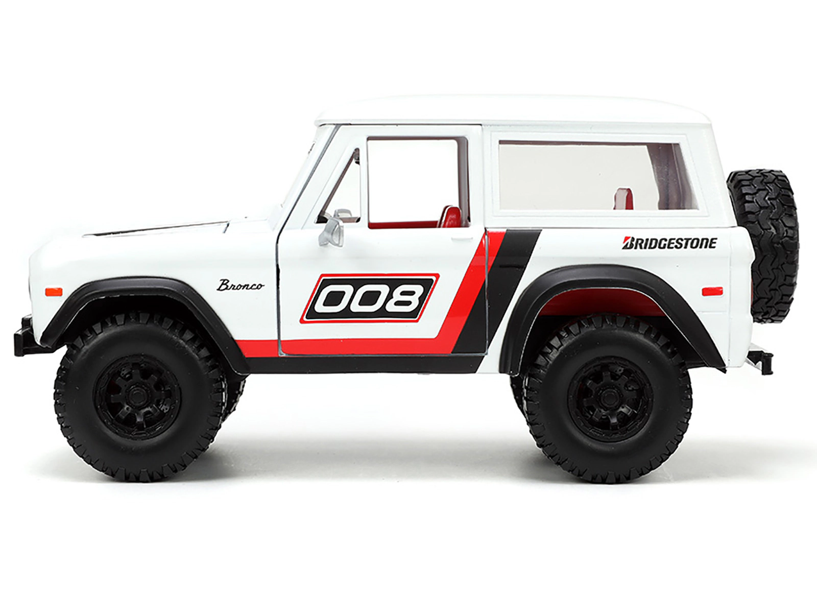 Jada 1973 Ford Bronco #008 White with Red and Black Stripes and Red Interior with Extra Wheels "Just Trucks"