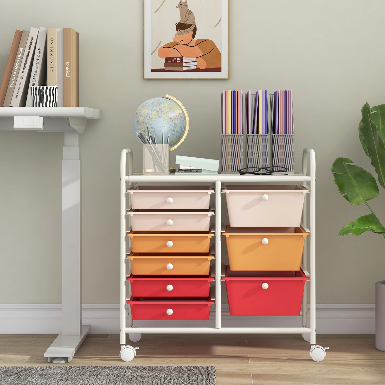 SUGIFT Light Pink 9-Drawer Rolling Storage Cart with Metal Frame 25-in W 14.5-in D 24.5-in H 22-lb Tabletop